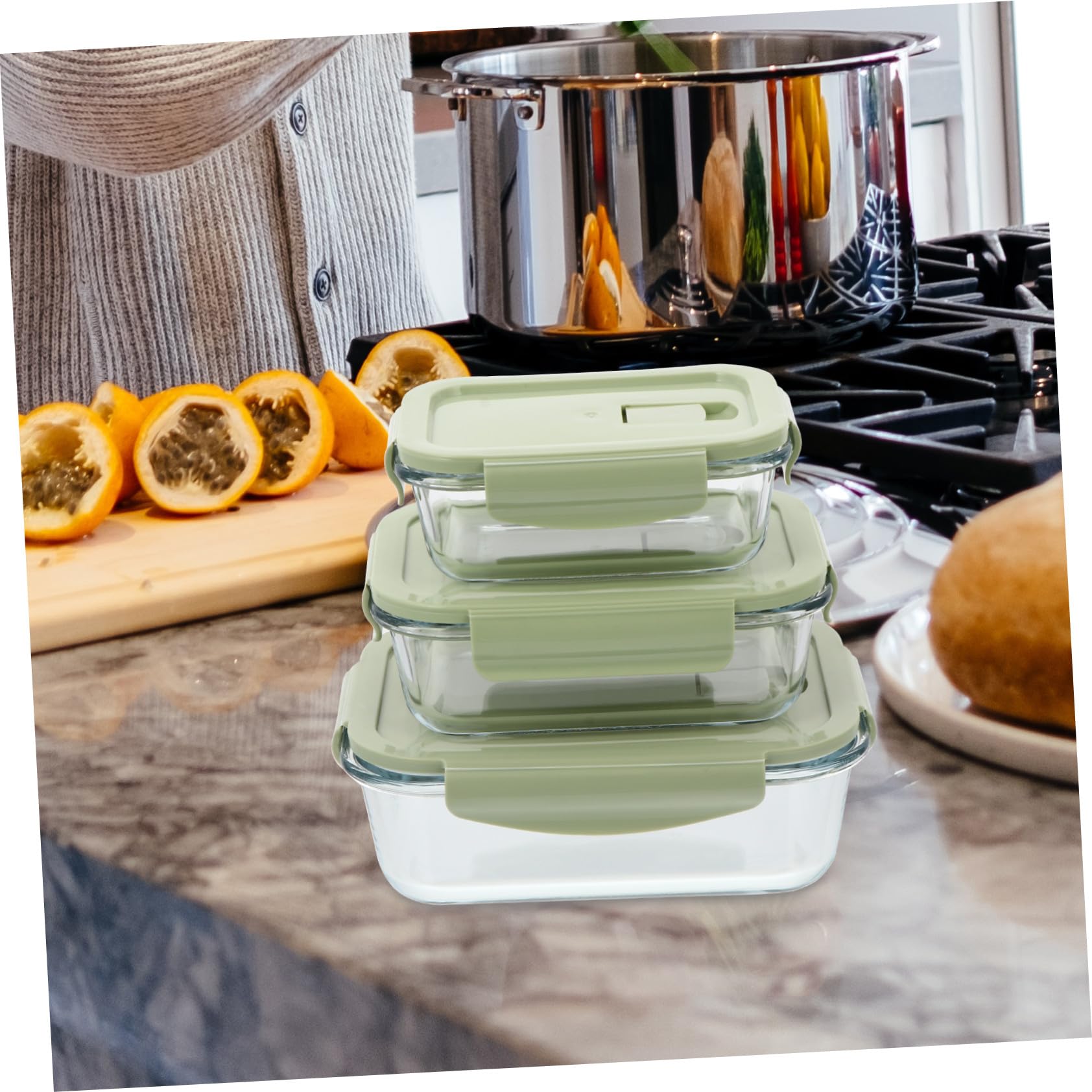 Hohopeti Boîte à Bento en Verre 3 Pièces Vert, Couvercle Pp Facile à Ouvrir