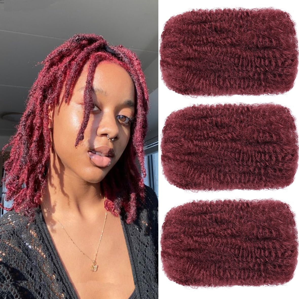 Kackanaa 16 Inch Dark Ginger Afro Kinky Curly Human Hair Bulk for Dreadlock Extensions and Repair Locs, 3 Packs, Marley Twist