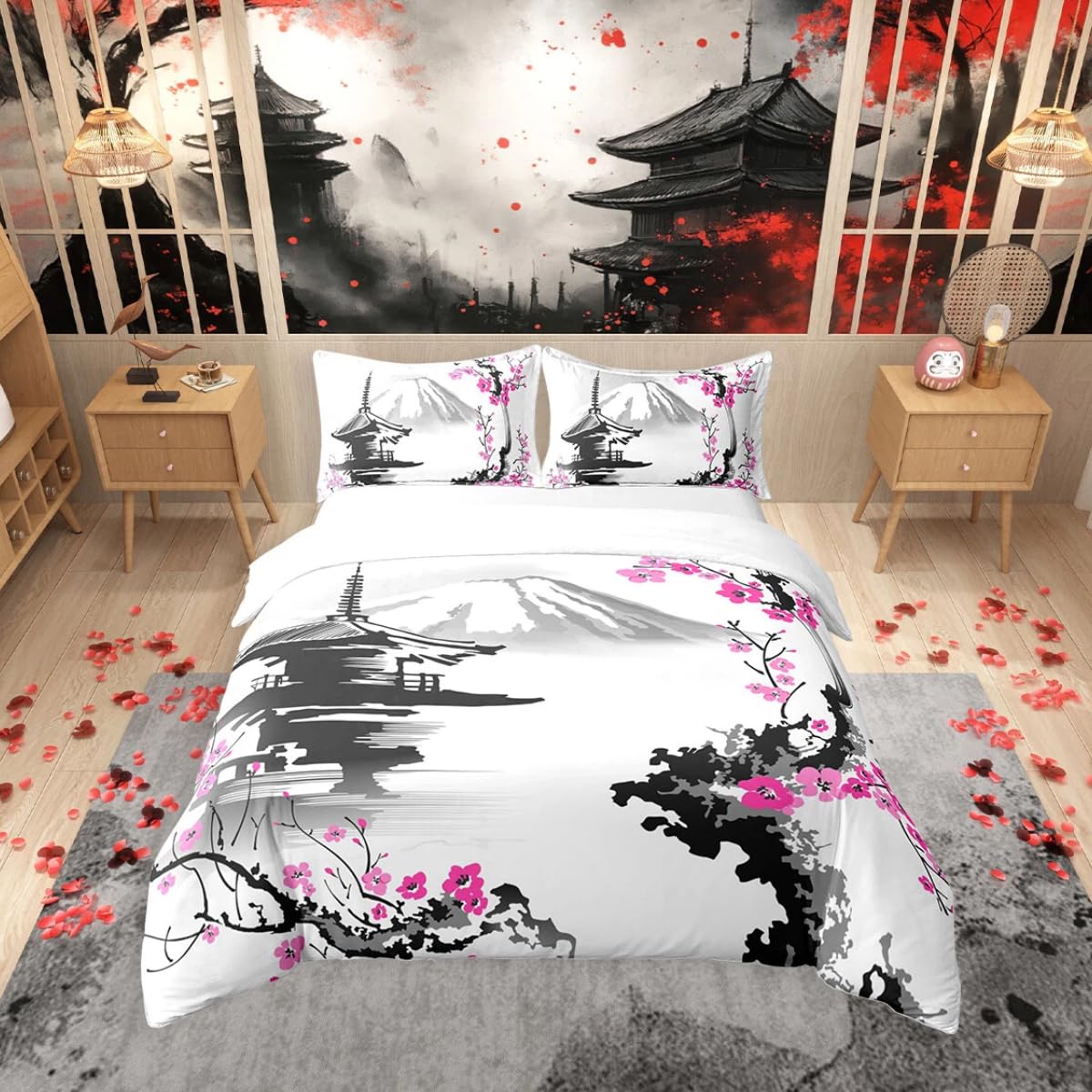 Homemissing Monte Fuji de Japón Funda nórdica 220x240cm Rosa Sakura Juego de cama Estilo Japonés Conjunto de ropa de cama Pintura de montaña con tinta Decoración de cama exótica Sakura Acuarela