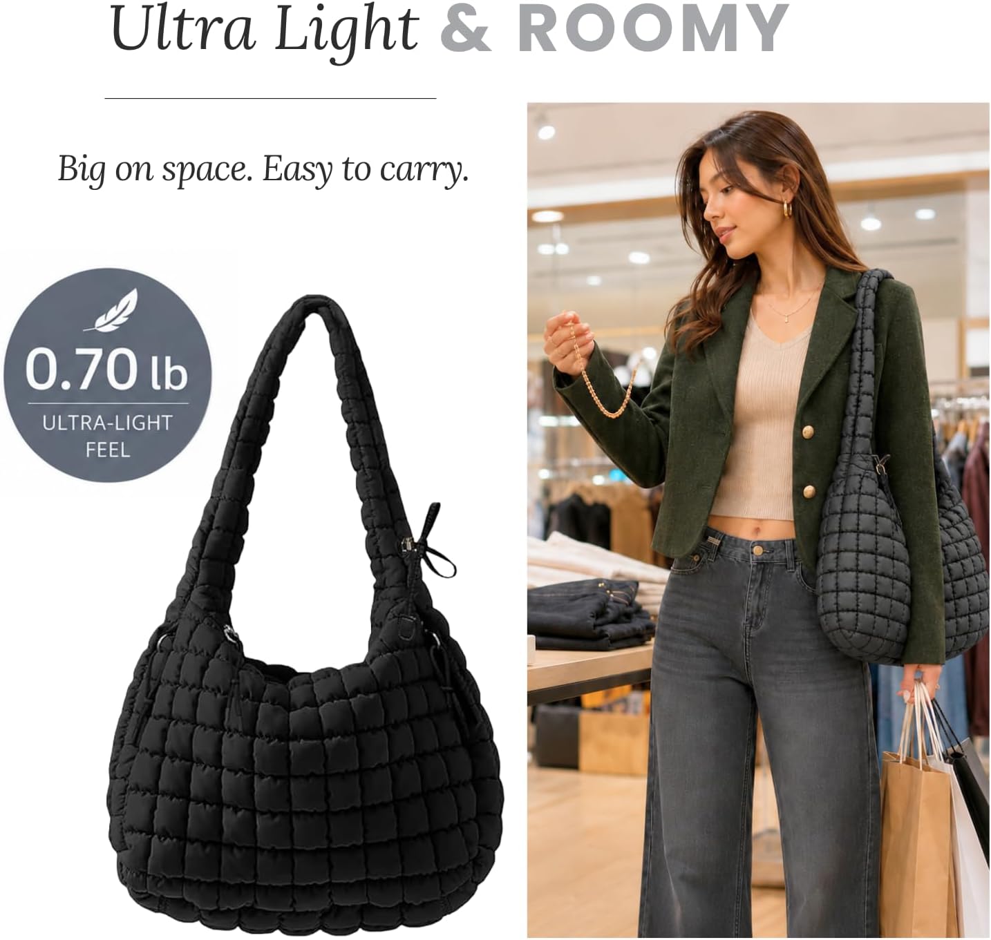 Quilted Puffer Tote Bag for Women, Lightweight Carryall Nylon Puffy Hobo Crossbody Shoulder Bag Purse