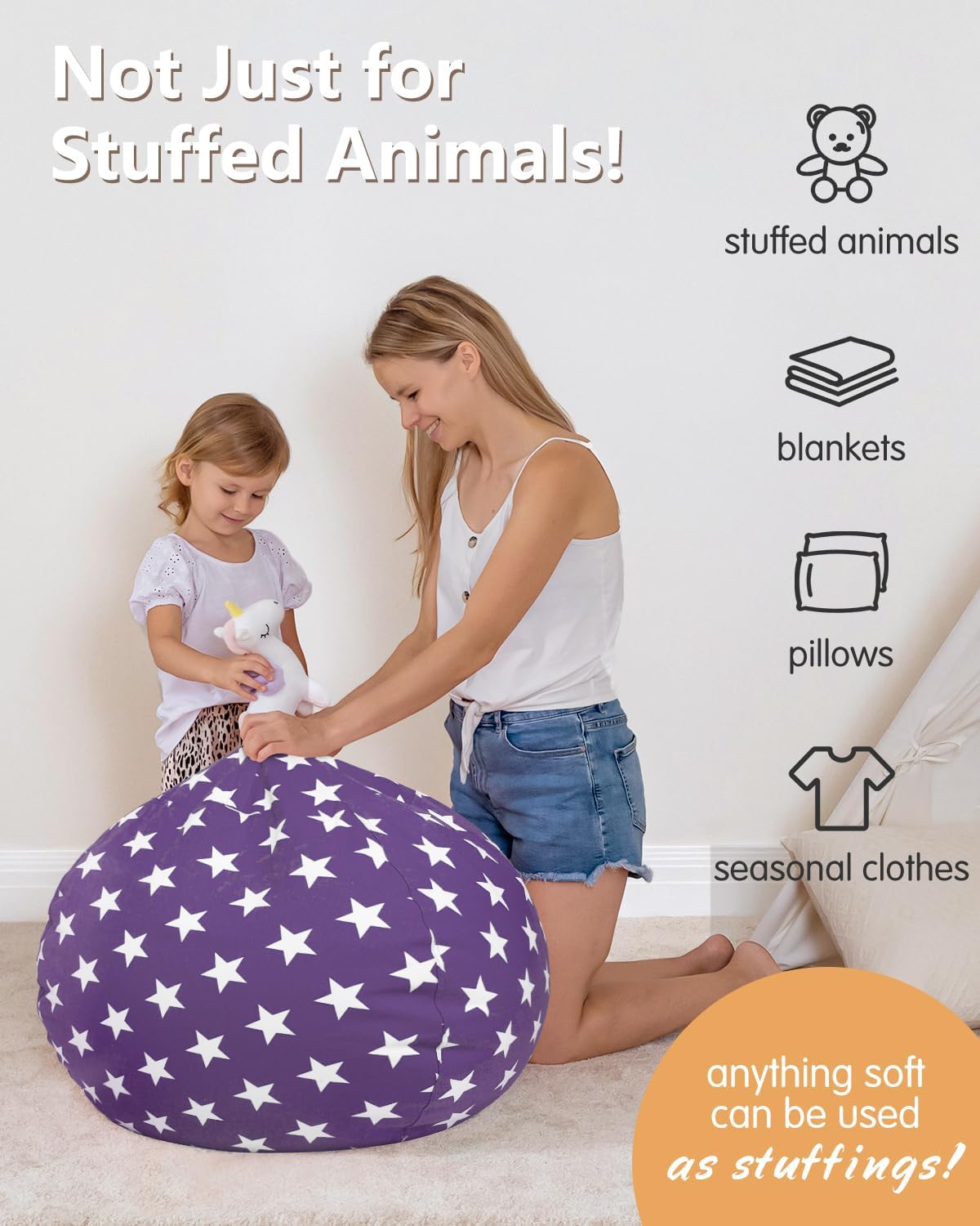 Aubliss Stuffed Animal Storage, Canvas Bean Bag Chairs Cover, Medium 32" Kids Toy Storage Organizer for Blankets Towels Clothes