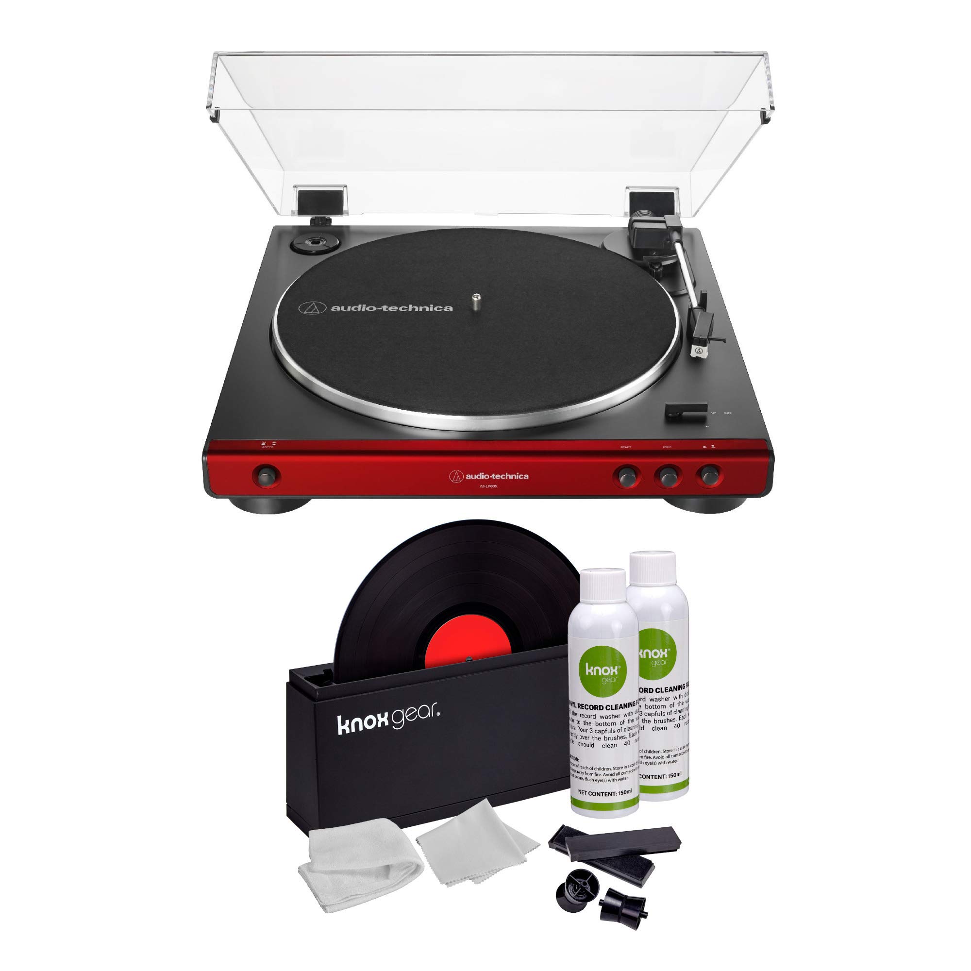 Audio-Technica AT-LP60X Turntable (Red) Bundle with Knox Gear Vinyl Record Cleaner Kit