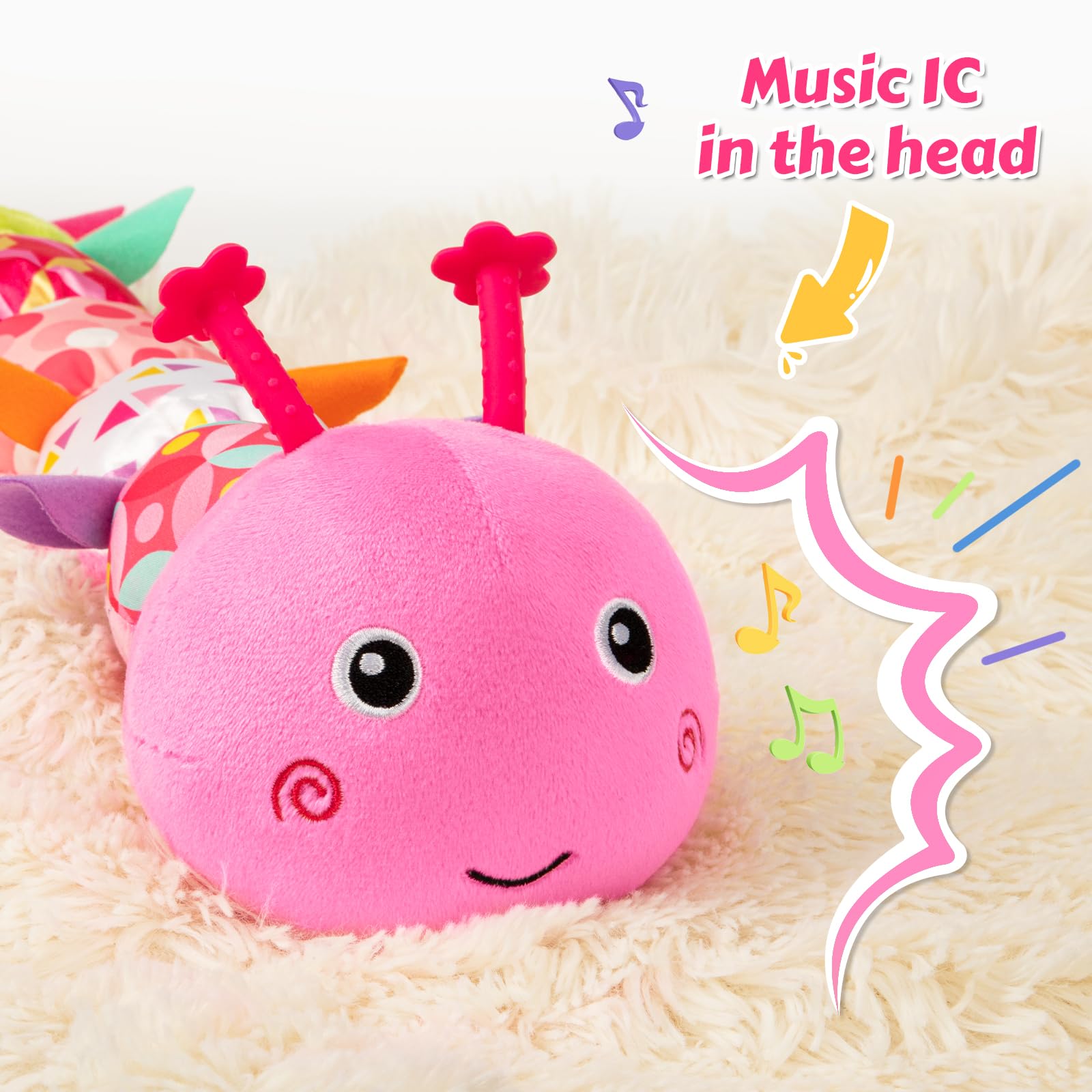 TOHIBEE Baby Toys Musical Caterpillar, Infant Stuffed Animal for 0-6 6-12 Months with Crinkle and Rattles, Tummy Time Sensory Toys Newborn Boys Girls Gifts 0 3 6 9 12 Months - Pink