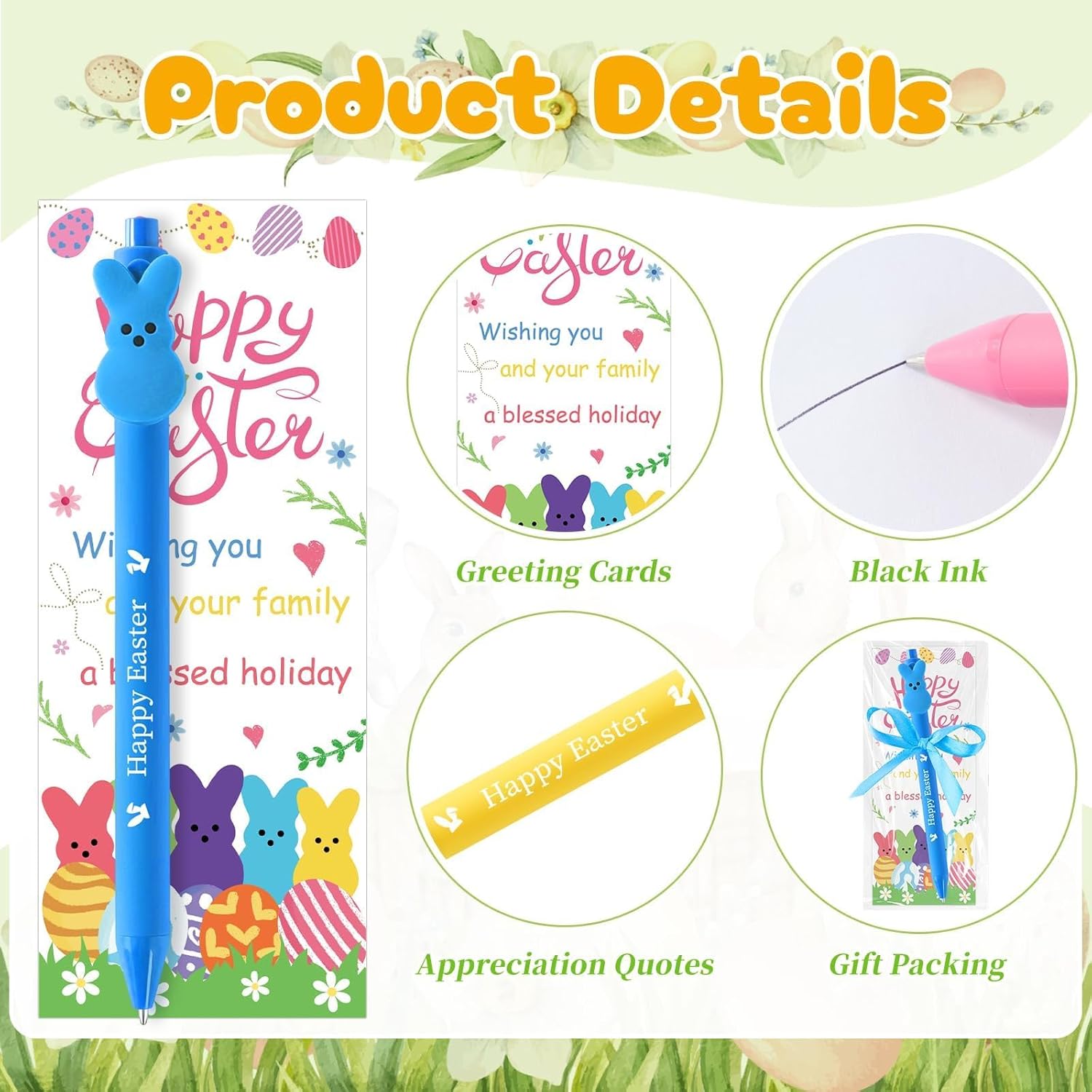 50 Sets Easter Pens Appreciation Gifts Bulk Bunny Ballpoint Pens and Greeting Cards Easter Basket Stuffers for Coworkers Office School Supplies
