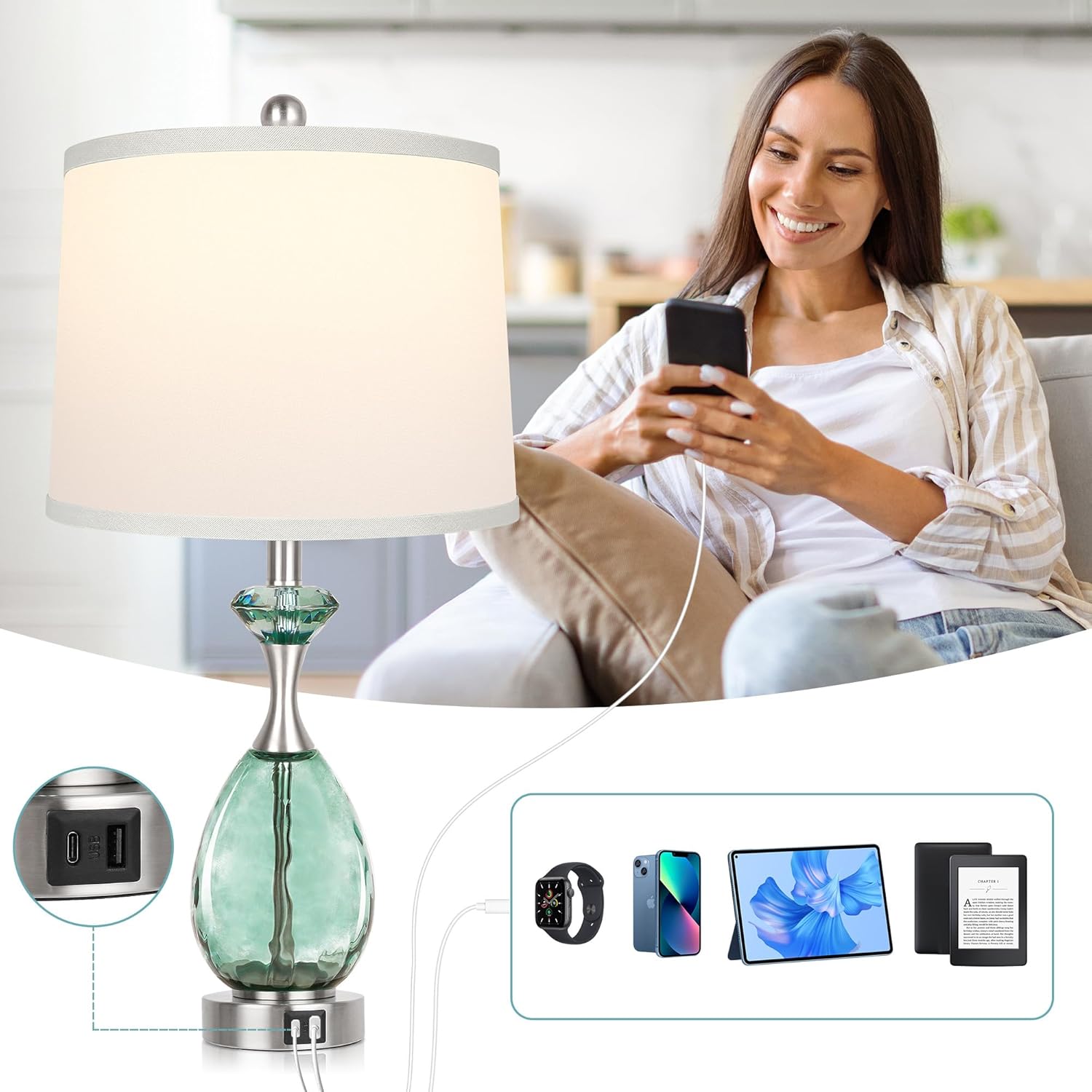 Hamucd Coastal Glass Table Lamps Set of 2, 3-Way Dimmable Touch Control Nautical Lamp with USB A+C Ports,Bedside Lamps Beach Decor, Modern Nightstand Lamps with 2 LED Bulbs for Bedroom Living Room