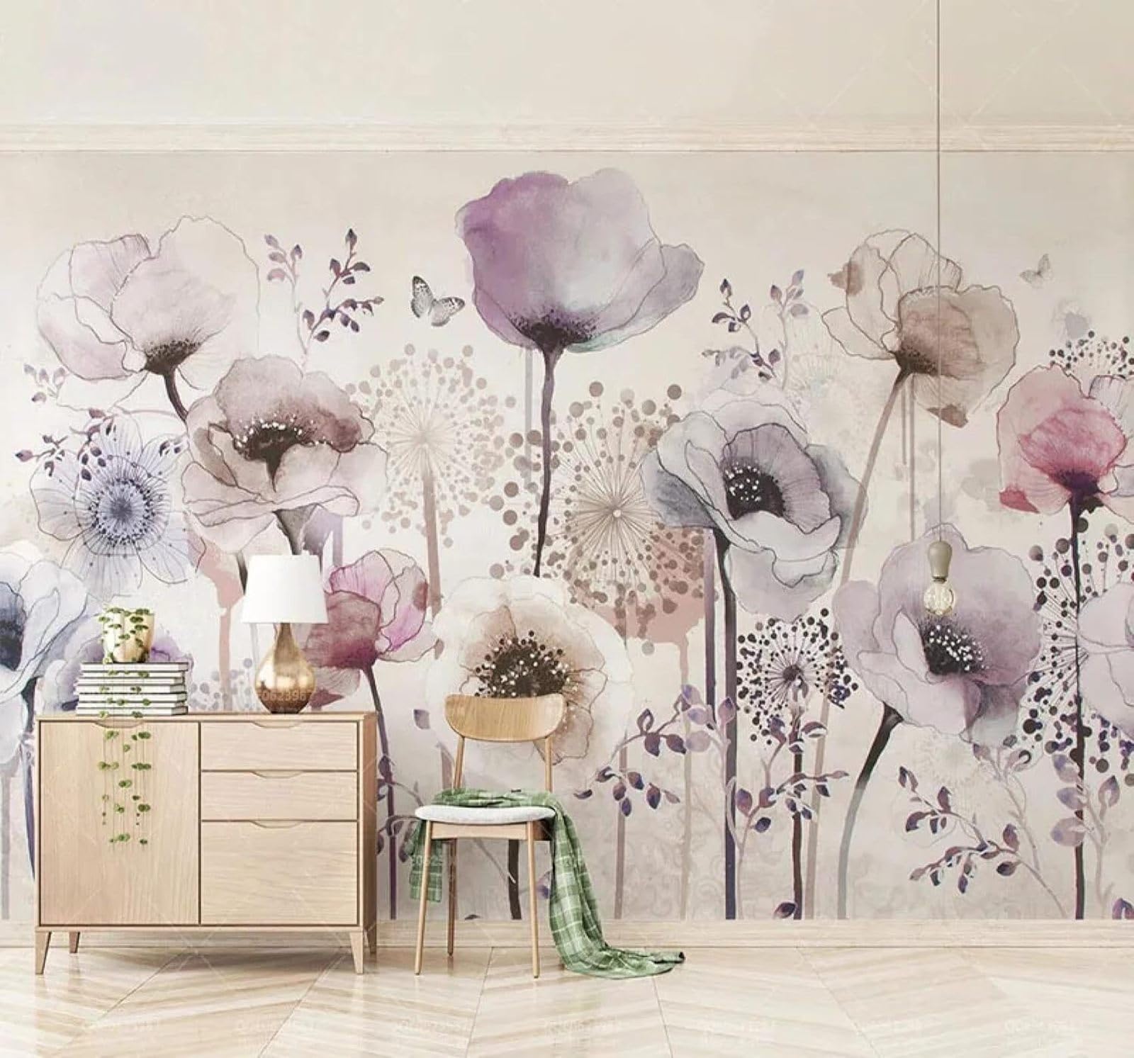 Xlming 350Cm×256Cm(B×H) Hand Drawn Watercolour Purple Flowers Butterflies 3D Wallpaper Luxury Home Dining Decor Paste Sofa Living Room The Wall For Bedroom Mural-350Cm×256Cm