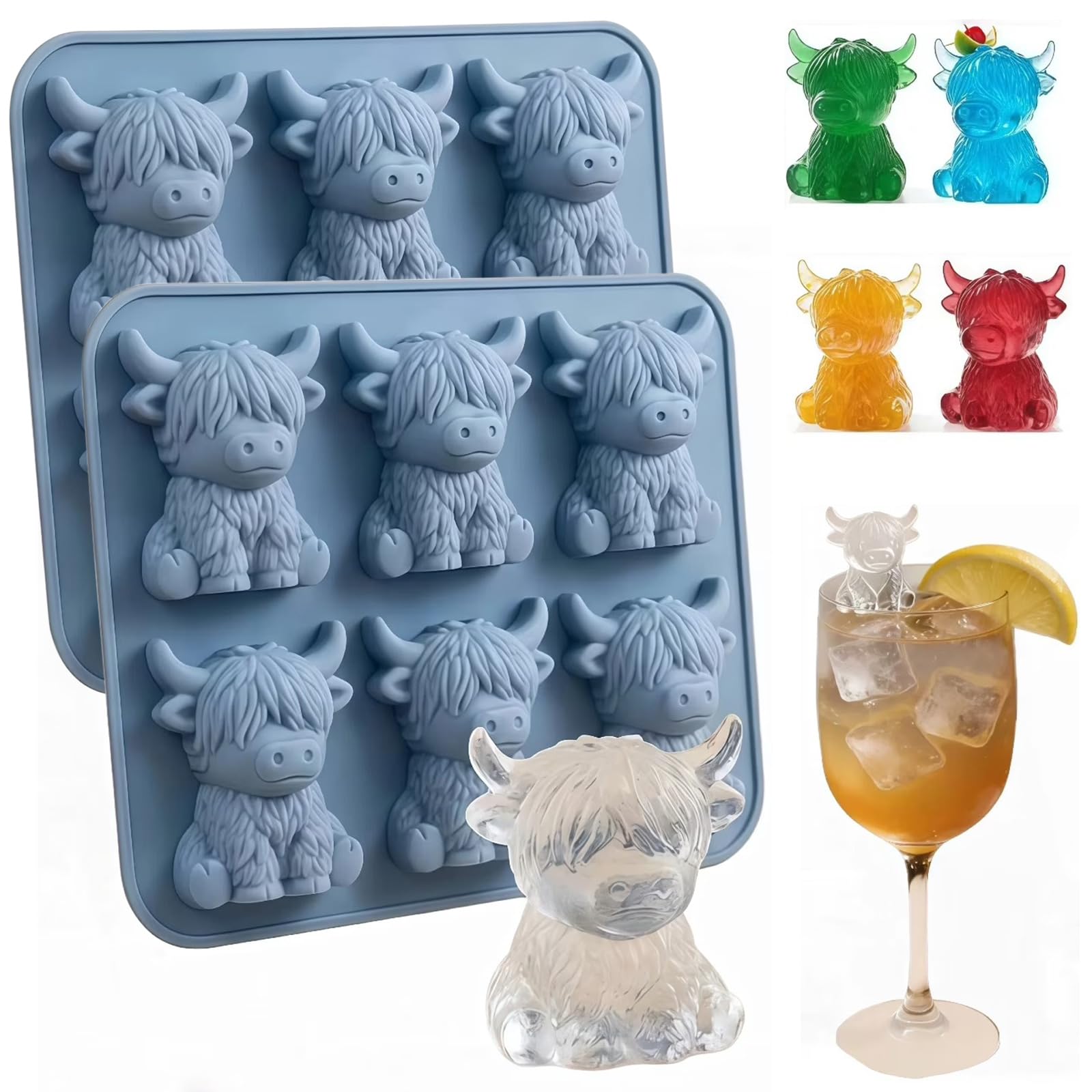 2 PCS Mini Ice Cube Mold - 3D Cute Highland Cow Silicone Mould, Sky Blue Silicone Animal Ice Cube Tray Gifts for Chocolate, Jelly, Candy, Homemade, Reusable, BPA-Free, Melts More Slowly (Highland Cow)