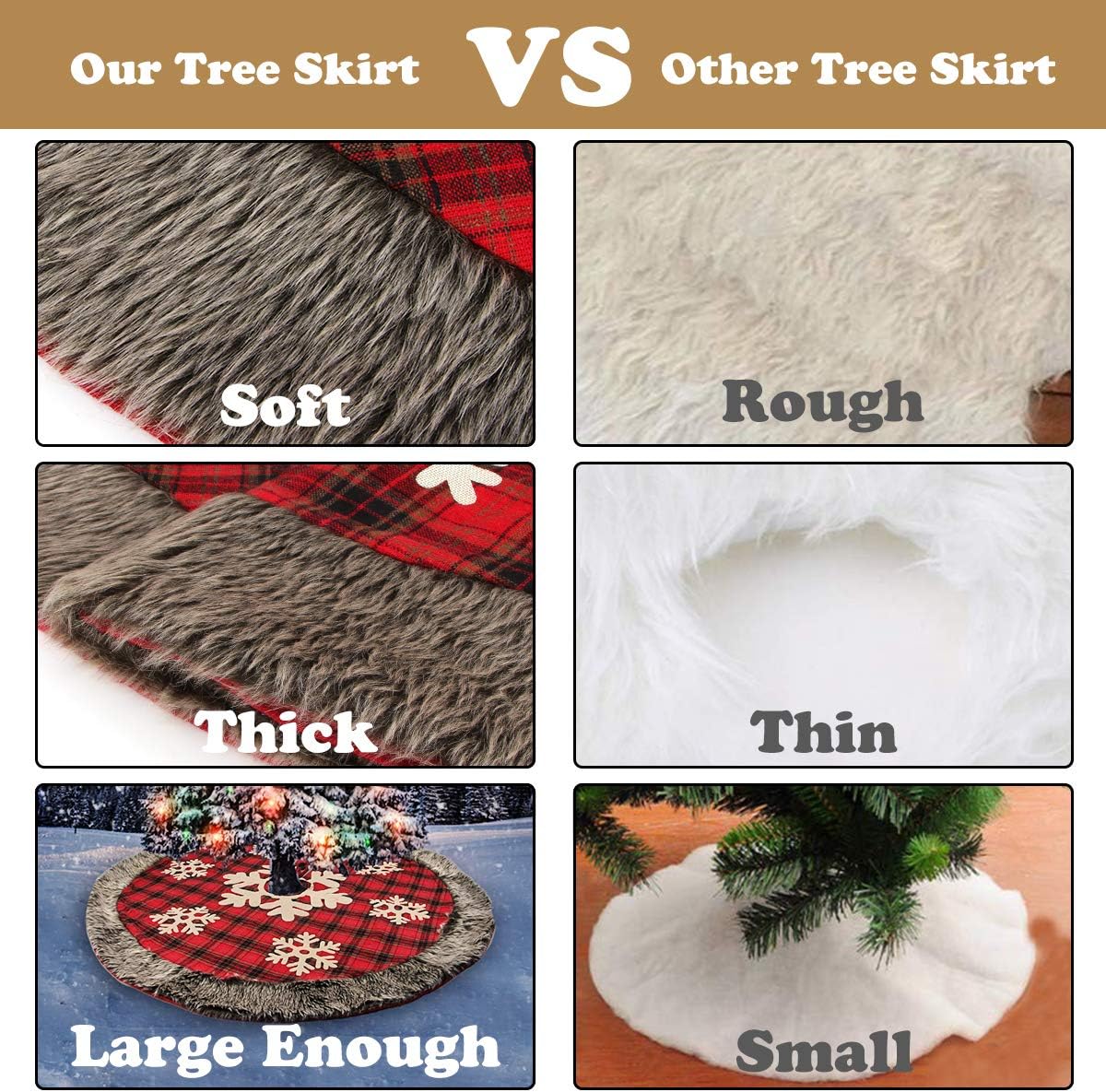 Aiduy Christmas Tree Skirt, 48 Inch Large Buffalo Plaid Christmas Tree Skirt, Rustic Burlap Xmas Tree Skirt with Thick Faux Fur Snowflake : Home & Kitchen