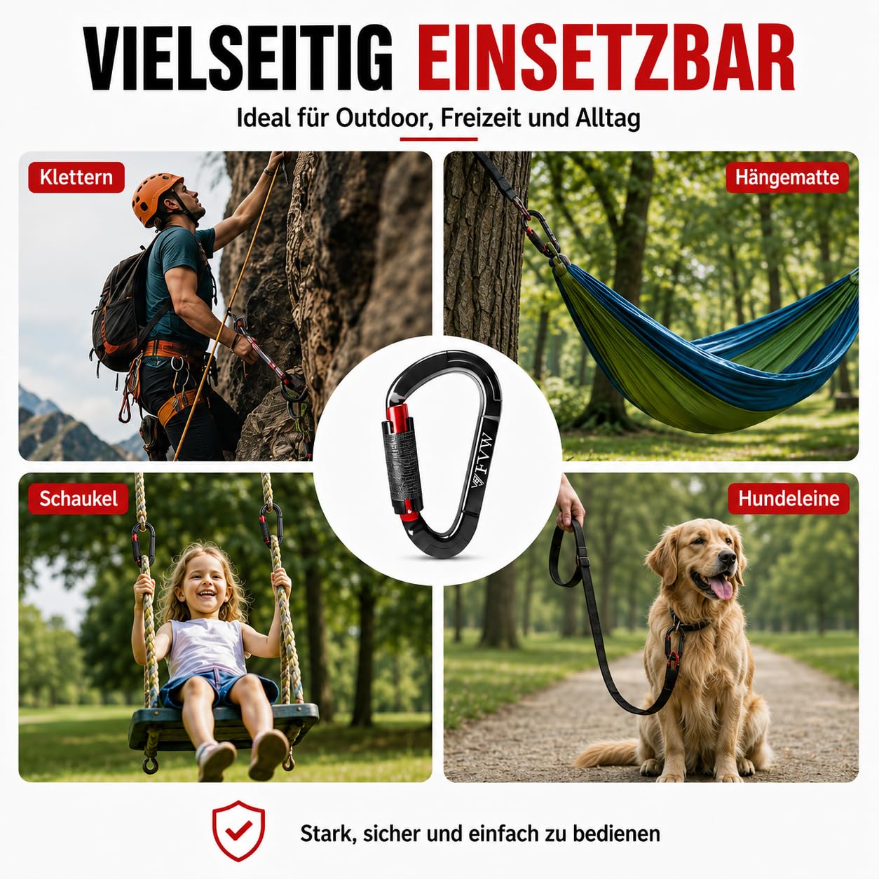 Robusti moschettoni da arrampicata, 25 kN, chiusura automatica, clip per amache, altalene, guinzaglio e imbracatura, campeggio, escursionismo e uso quotidiano