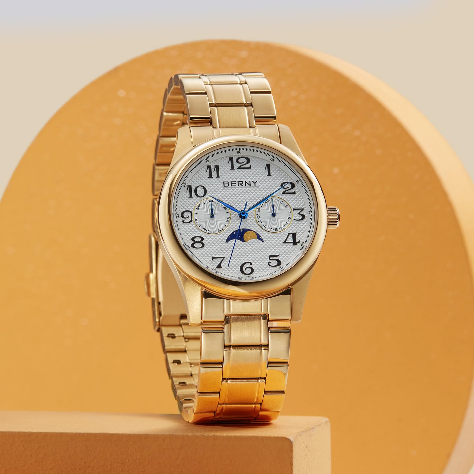 BERNY Orologio da uomo in oro con fasi lunari, orologio da polso al quarzo, multifunzione, facile da leggere, quadrante con numeri arabi, quadrante analogico, cassa in acciaio inox, sub-dail con data