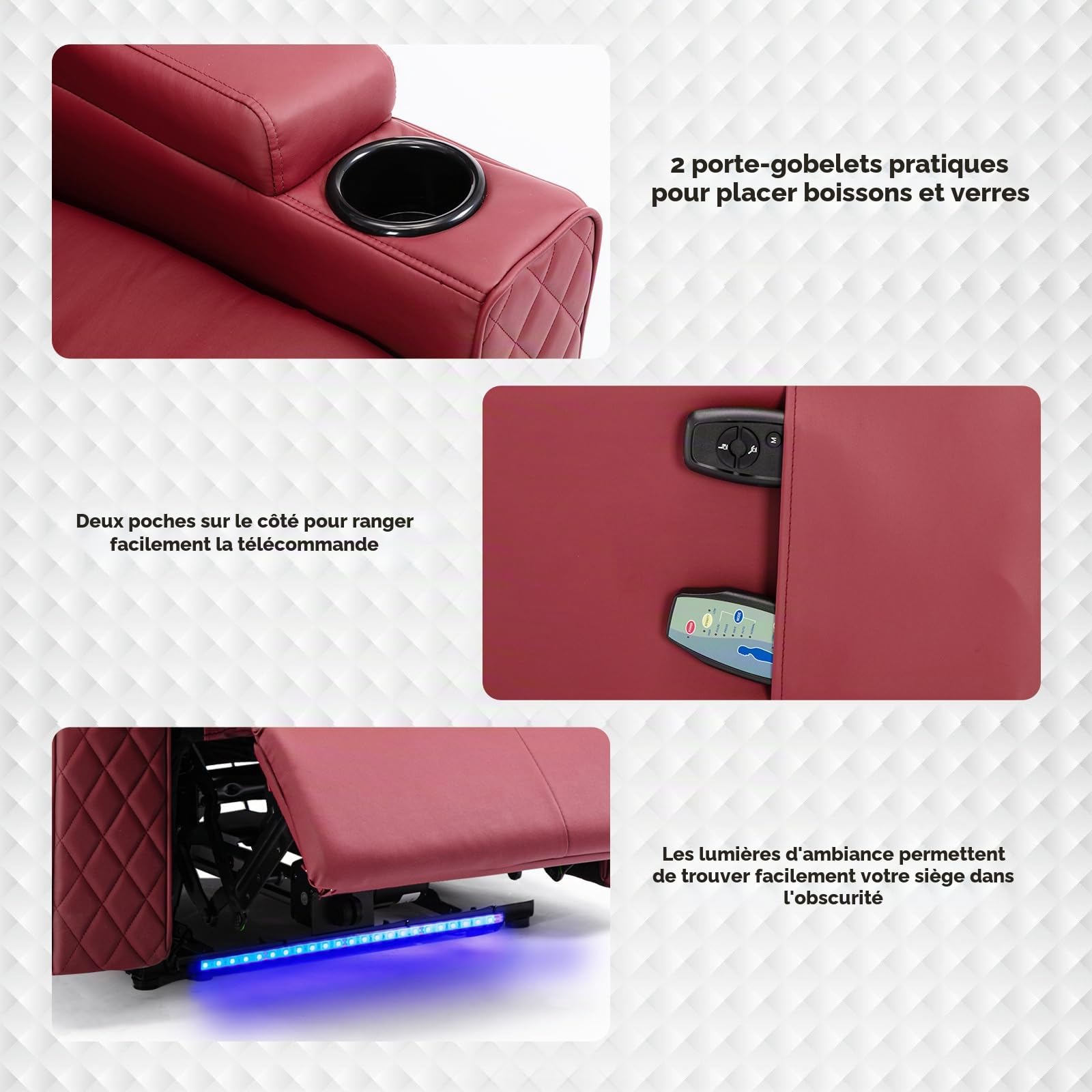 COMHOMA Fauteuil de relaxation avec fonction allongée, fauteuil de relaxation, avec LED, réglable électrique, jusqu'à 150 kg, avec fonction massage, salon, chambre à coucher, home cinéma, rouge