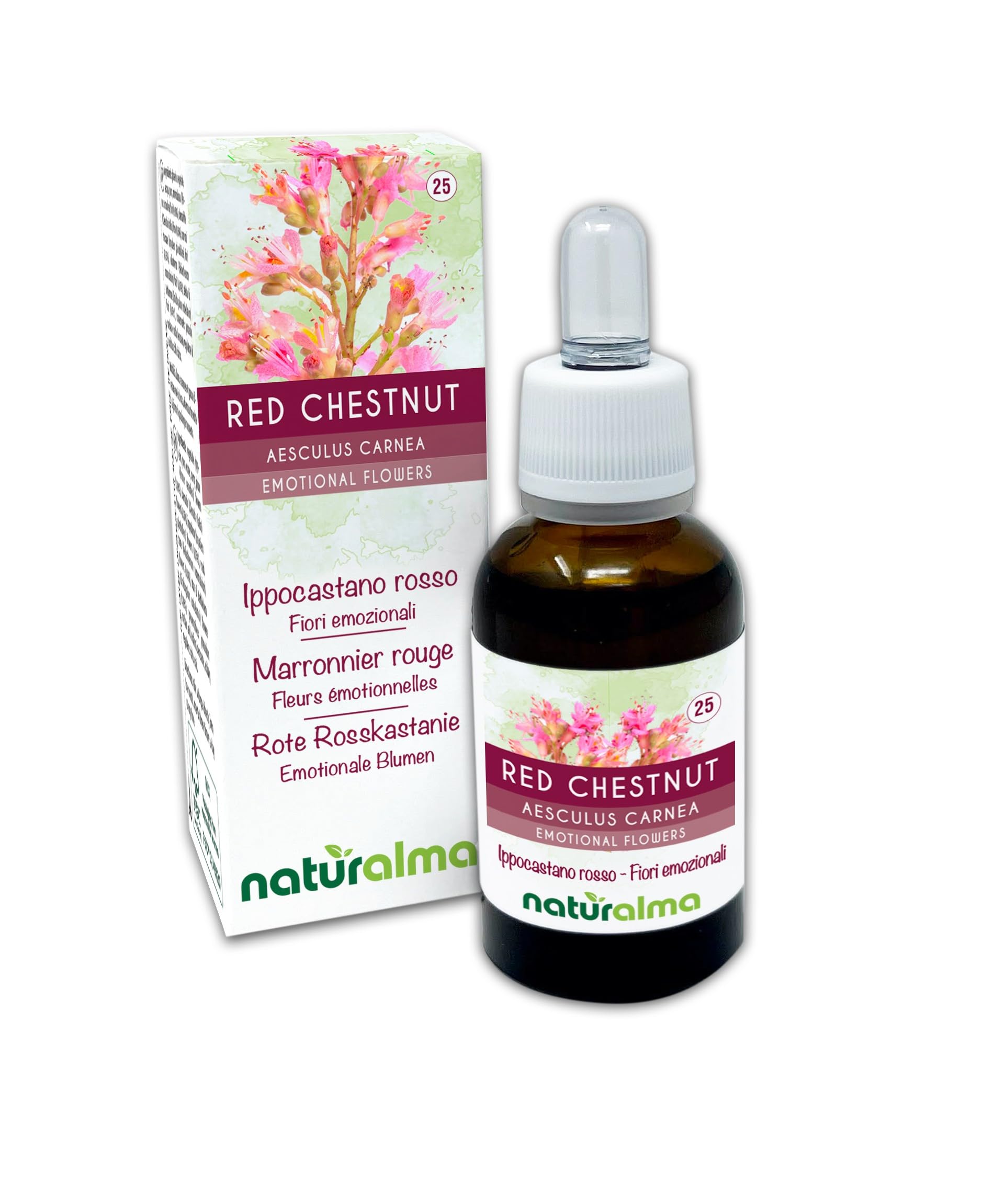 Red chestnut o Castaño de Indias rojo (Aesculus carnea) Flores emocionales o Flores de Bach Naturalma - Gotas 30 ml - Extracto líquido sin alcohol - Esencias florales - Vegano