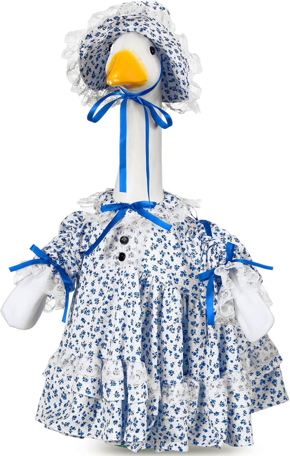 Soulchen Spring Goose Outfit Blue and White Flower Porch Goose Clothes Dress with Wide Hat for 23 Inch Spring Summer Outdoor Patio Yard Lawn Art Decoration