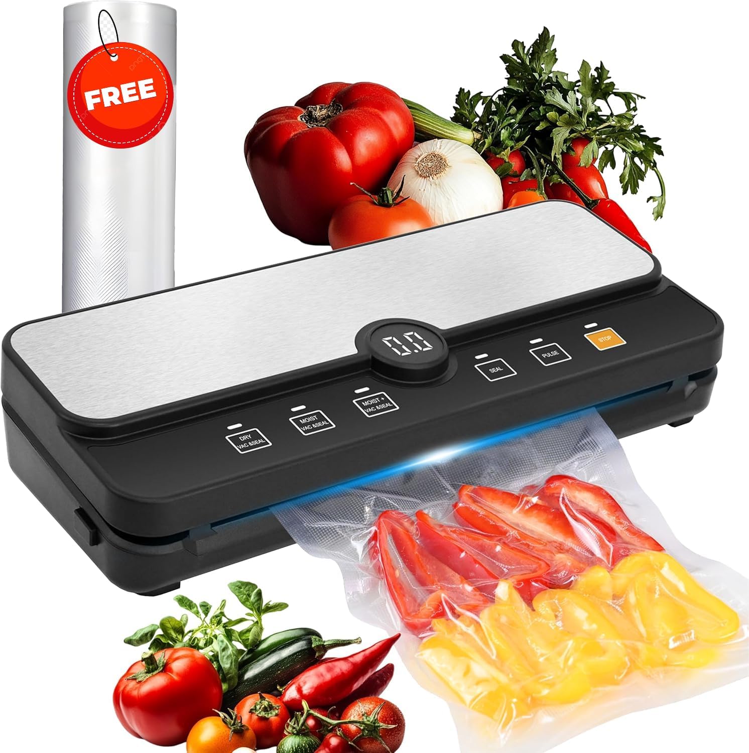 Vacuum Sealer Machine with One-Touch Seal | 4 Modes: Dry, Moist, Wet & Cold | Compact Food Saver with Built-In Cutter | Includes a Free 3m Vacuum Sealer Roll