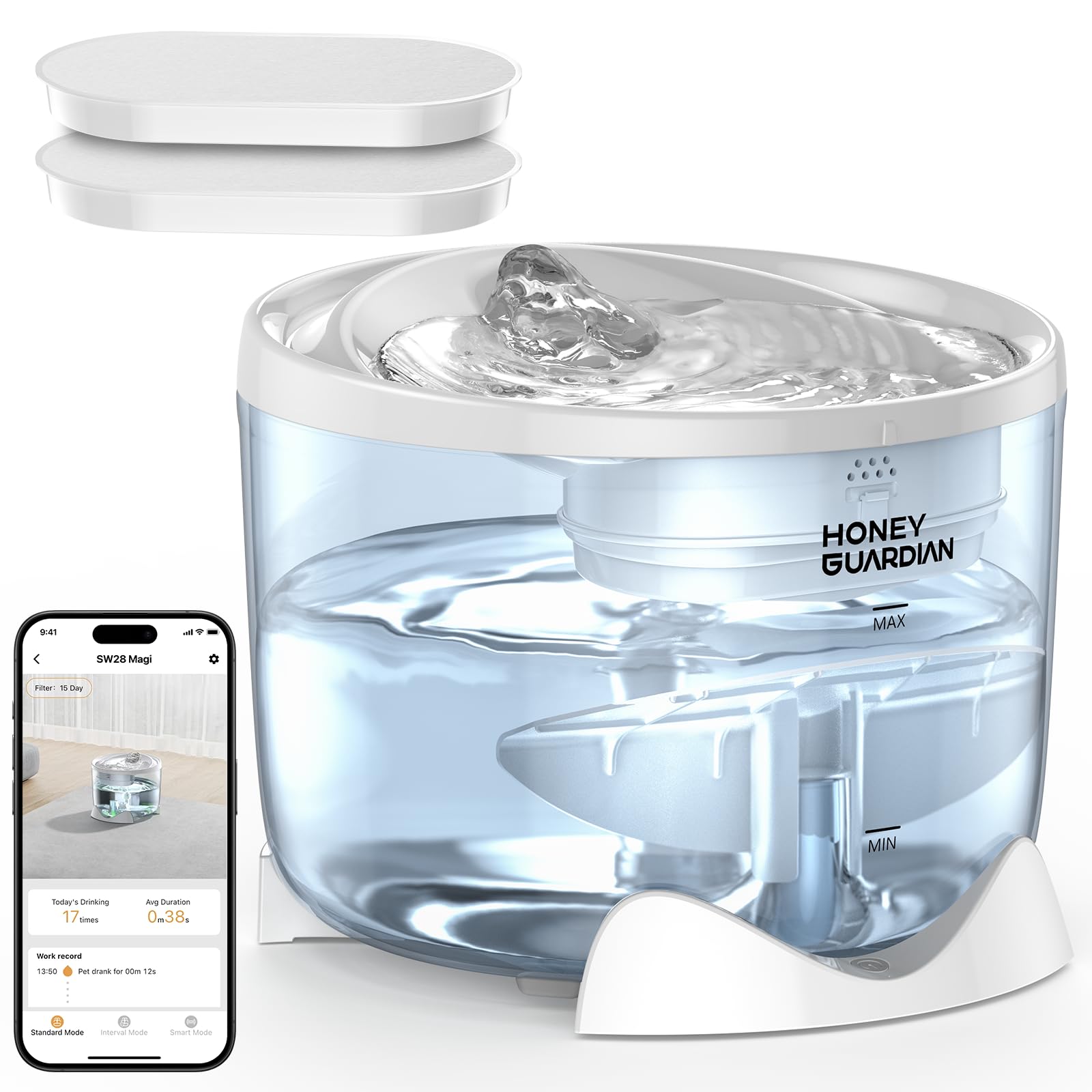 Fuente para Gatos Sin Cable, HONEYGUARDIAN Fuente de Agua para Gatos, 5GHz Bebedero Gatos Automatico con 2000mAh Batería Recargable, Control de App, 3 Flujos de Agua, Ultrasilencioso, 2 Filtro