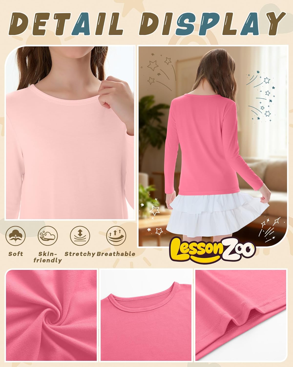 4 Pack Girl's Long Sleeve Shirts Soft Crew Neck Long Sleeve Tops Loose Fit Casual Basic Tees for 3-16 Years - Image 3