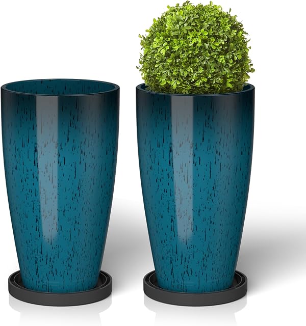 ZMTECH 21 Inch Tall Planter Set of 2 Round Planters Outdoor/Indoor with Shelf Inset,Large Plant Pot with Drainage Holes for Patio Front Porch Garden,Modern Large Plastic Flower Pots, Dark Blue Green