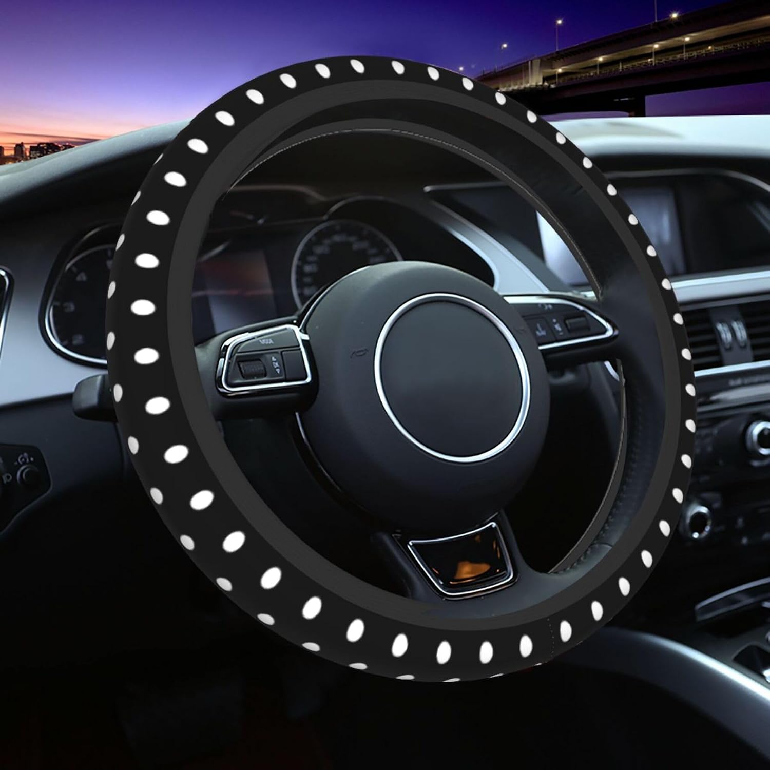 Cute Black White Polka Dots Steering Wheel Cover for Women, Universal Fit 14-15 inch,Automotive Interior Accessories Decorative,with 2 Pack Car Coaster