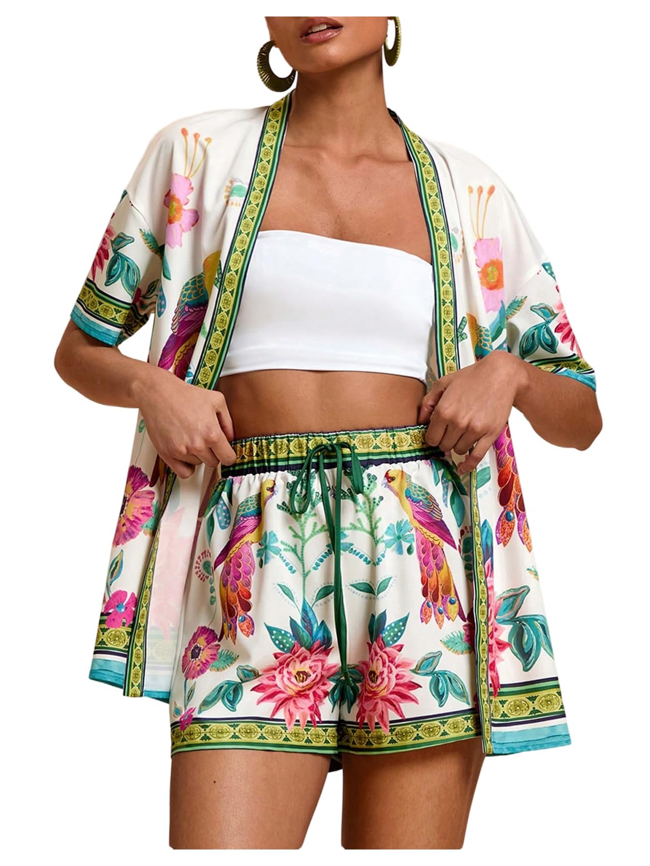 Women's Tropical Beach Vacation Outfits Summer Two Piece Sets Boho Floral Kimono Tops and Shorts Set