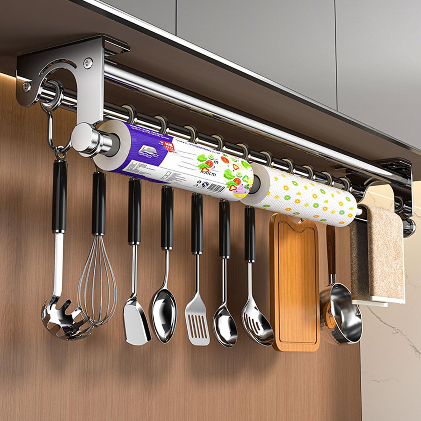 Varilla de pared del organizador de cocina,Estante de maceta colgante,Asistente de Chef de soporte de cocina, Estante de utensilios de cocina de ahorro de espacio con ganchos (Grey 50CM)