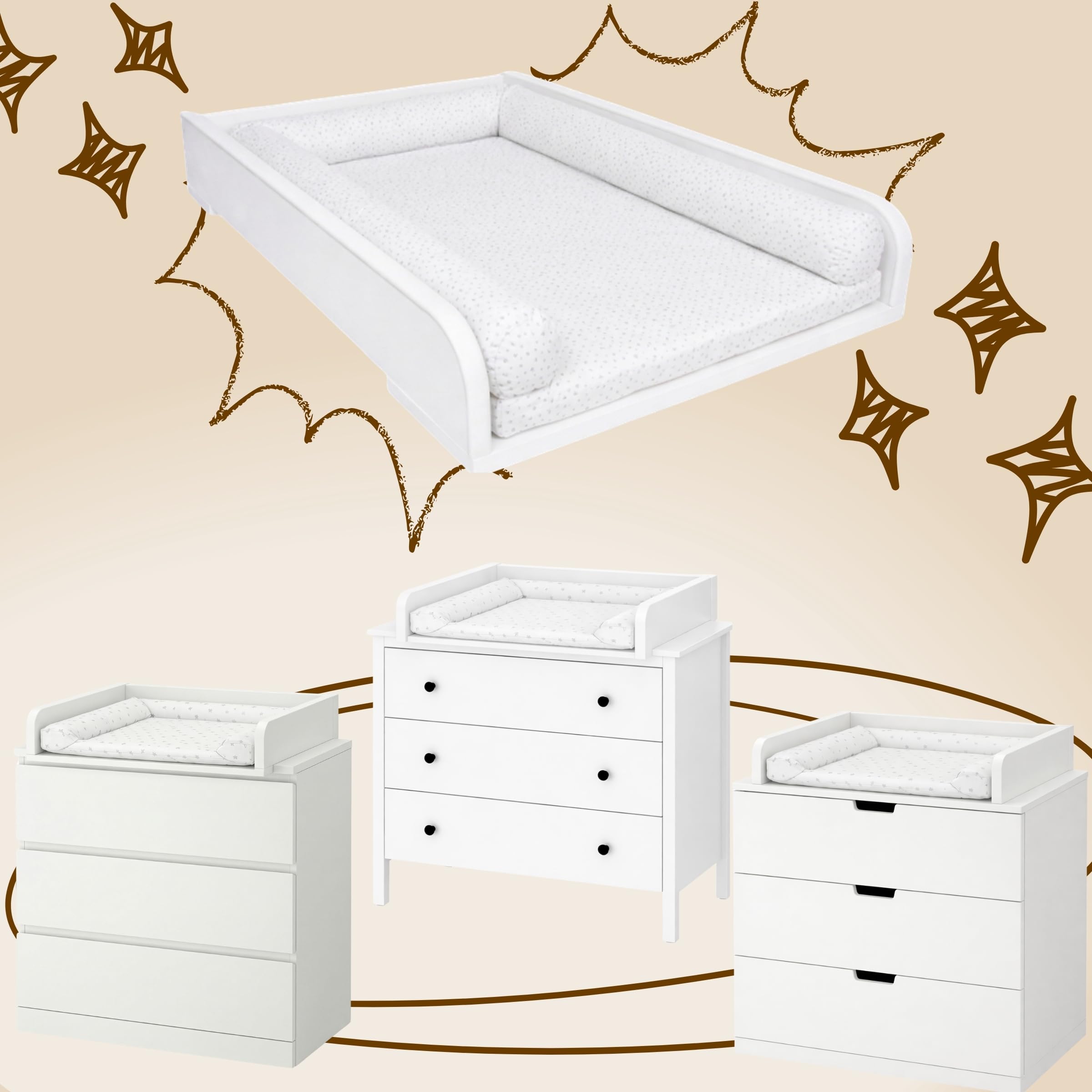 Plan à langer, Côtés arrondis, 53,2 x 70 cm, Blanc | Réglable extensible 34–50 cm, Table à langer bébé, Bords surélevés