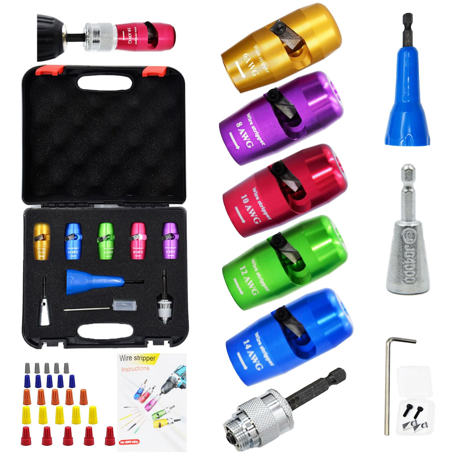 Wire Stripper for Drill, 6/8/10/12/14 AWG Wire Twister Electrician Tool for Drill, 8 In 1 Professional Electrician Wire Nut Twister Stripping and Twisting Tool, Fast Wire Twisting Tool Set (8 PCS)