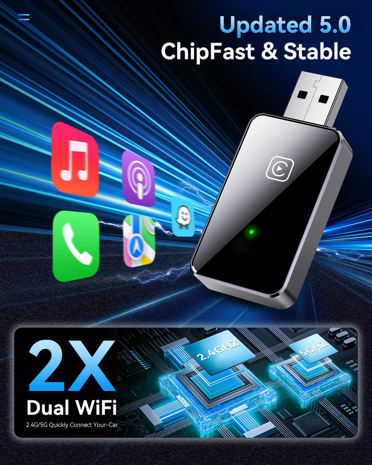Adaptador CarPlay Inalámbrico 2025, Dongle USB Plug & Play para iPhone iOS 10+, Compatible con Coches con CarPlay (CP1-G)