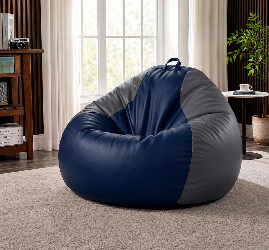 Sattva Classic 2XL Bean Bag Chair with Beans Filled | Faux Leather Sofa Style Bin Bags with Filled Beans | Comfortable Seating for Adults & Teens, Home & Office - Navy Blue & Grey-picture-30