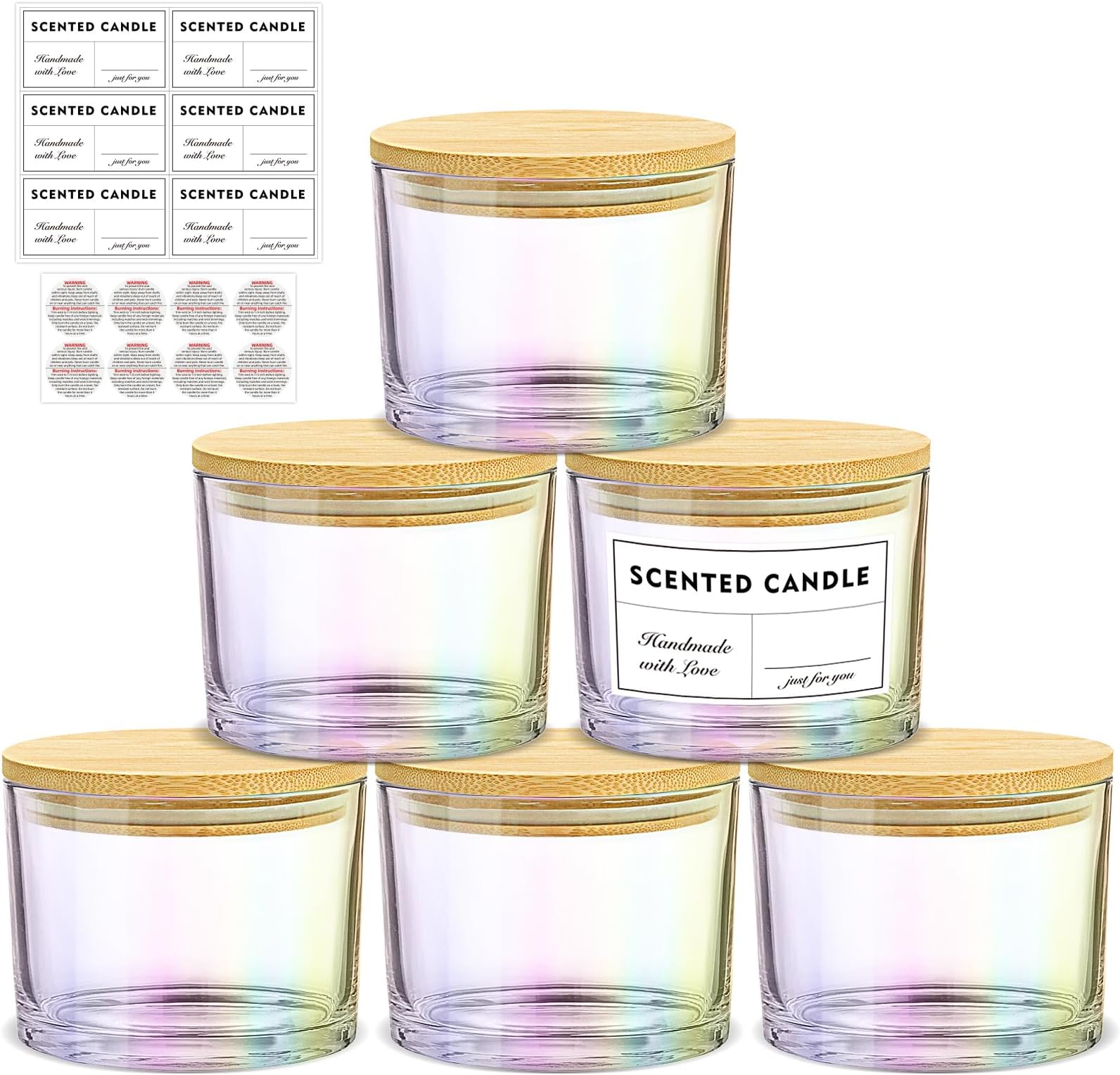 16oz 3 Wick Candle Jars 6 Pack - Large Empty Iridescent Wide Mouth Glass Candle Making Jars with Bamboo Lids and Stickers and Labels, Bulk Candle Containers for Making Candles