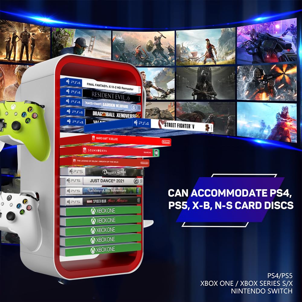Torre di Stoccaggio per Giochi Compatibile con PS5/ Xbox Serie S e X/Switch, Universale Stoccaggio dei CD del Gioco Supporto Contiene 18 Giochi, con 4 Supporti per Controller