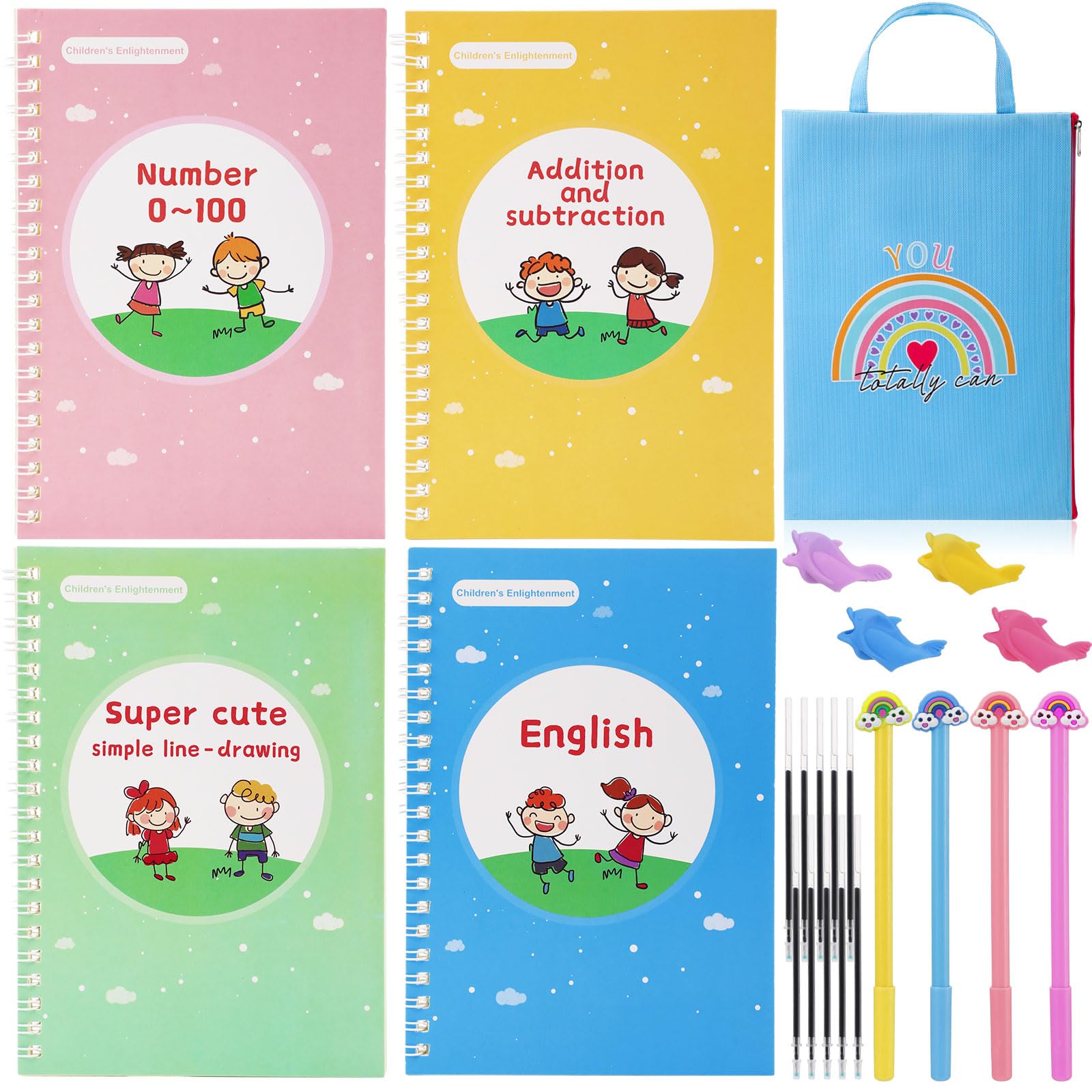 Writing Practice Copybook Set for Kids, 4 Handwriting Practice Book Reusable English Calligraphy Copybook, 10 Pen Refill, 4 Pen Grips, 4 Pens and Bag for Child Handwriting Skills Preschool