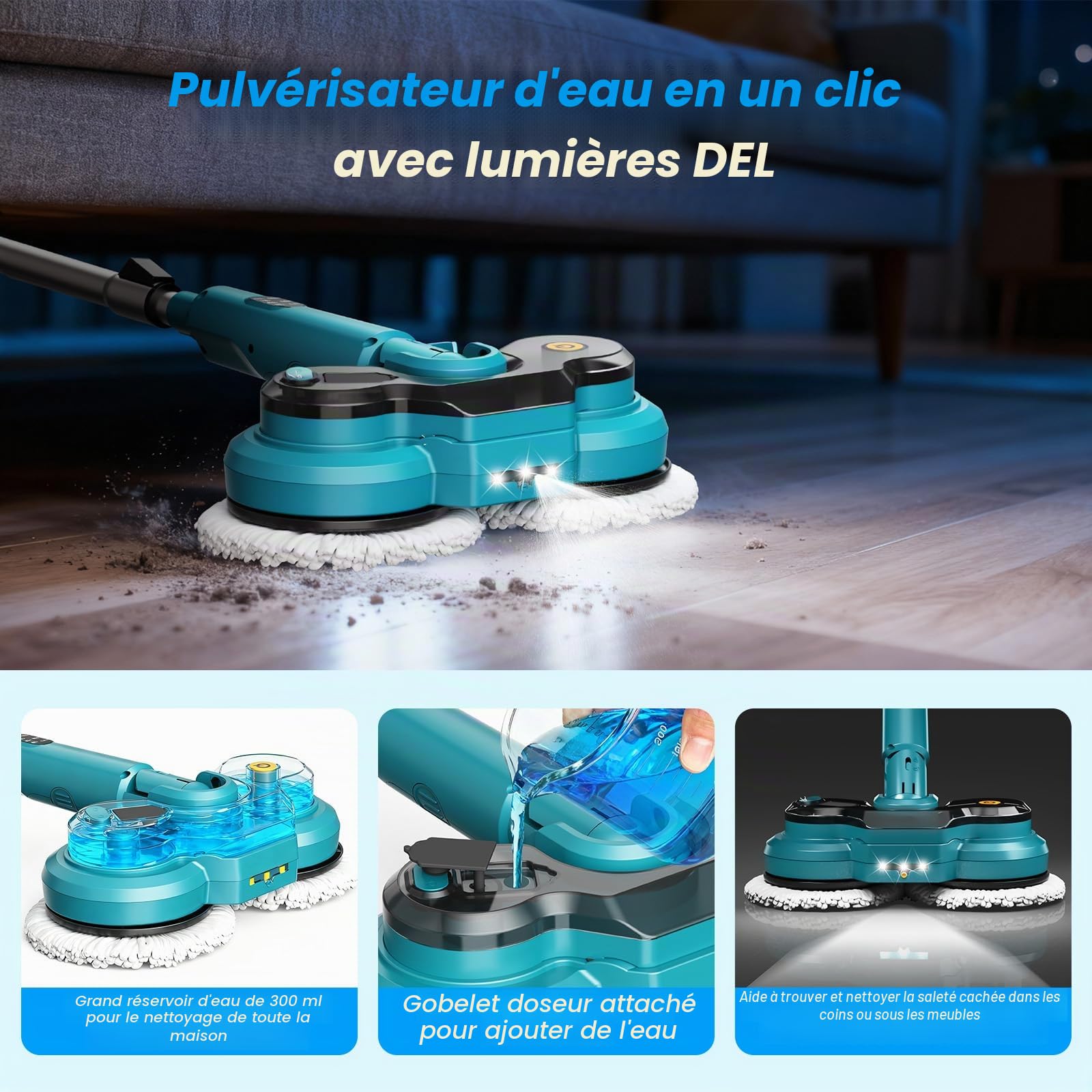 Balai Électrique Sans Fil avec 2 Batteries de 2000 mAh, Balai à Double Rotation avec Pulvérisateur/Phare LED/ Écran Intelligent,Serpillere Electrique avec Réservoir d'eau de 300 ML Pour Sols Multiples
