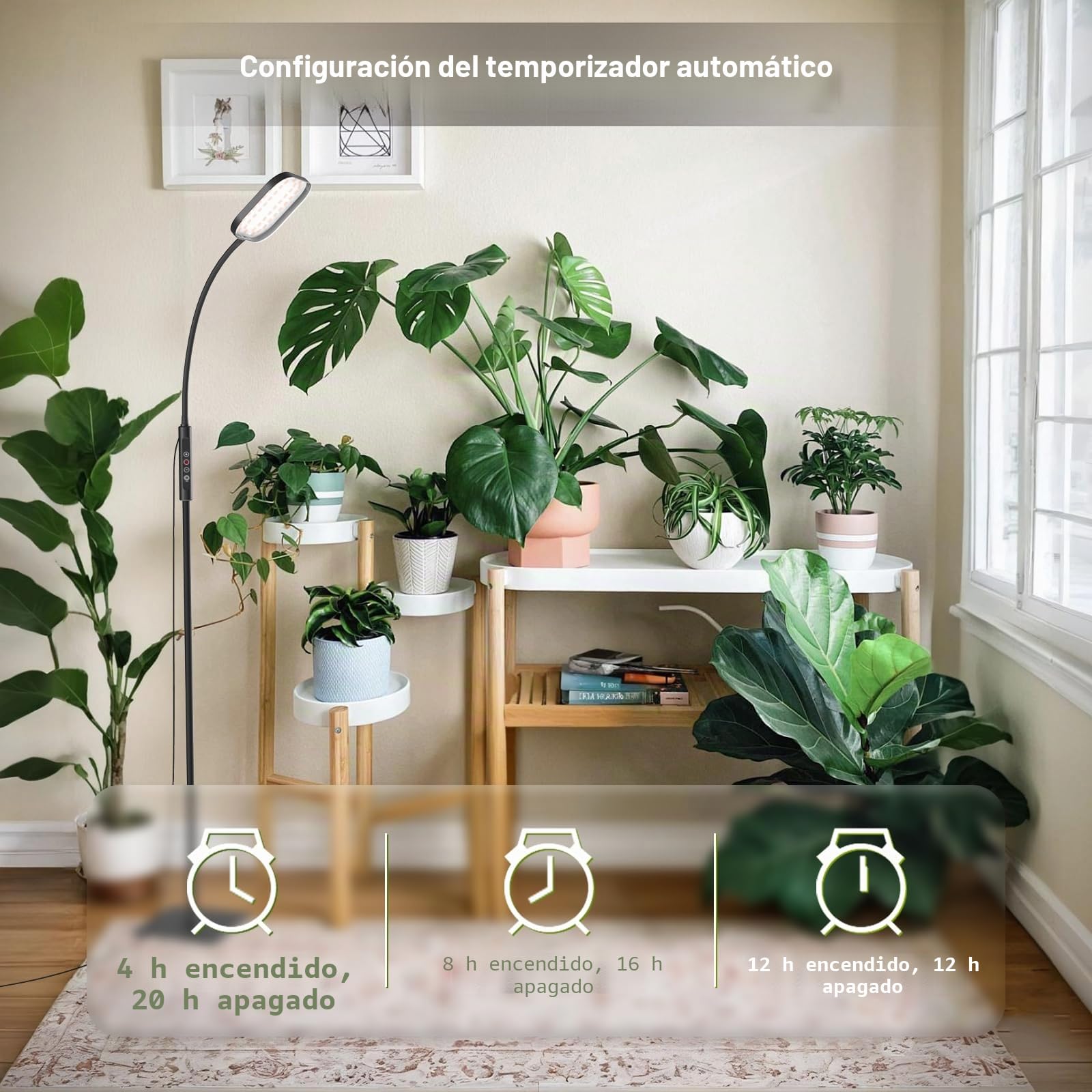 Mojimdo Lámpara para Plantas 336 LED, Espectro Completo 10W, 5 Niveles de Brillo, 3 Alturas Ajustables, Cuello Flexible 360°, Temporizador, Ideal para Plantas de Interior