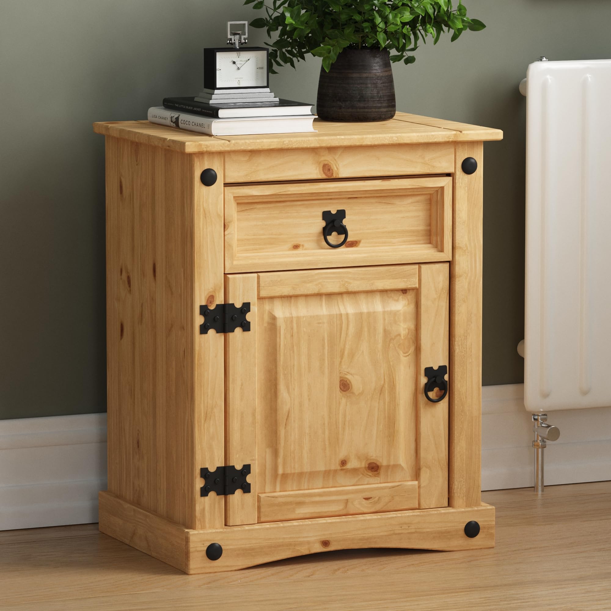 Vida Designs Black Corona 1 Door 1 Drawer Bedside Chest Pine