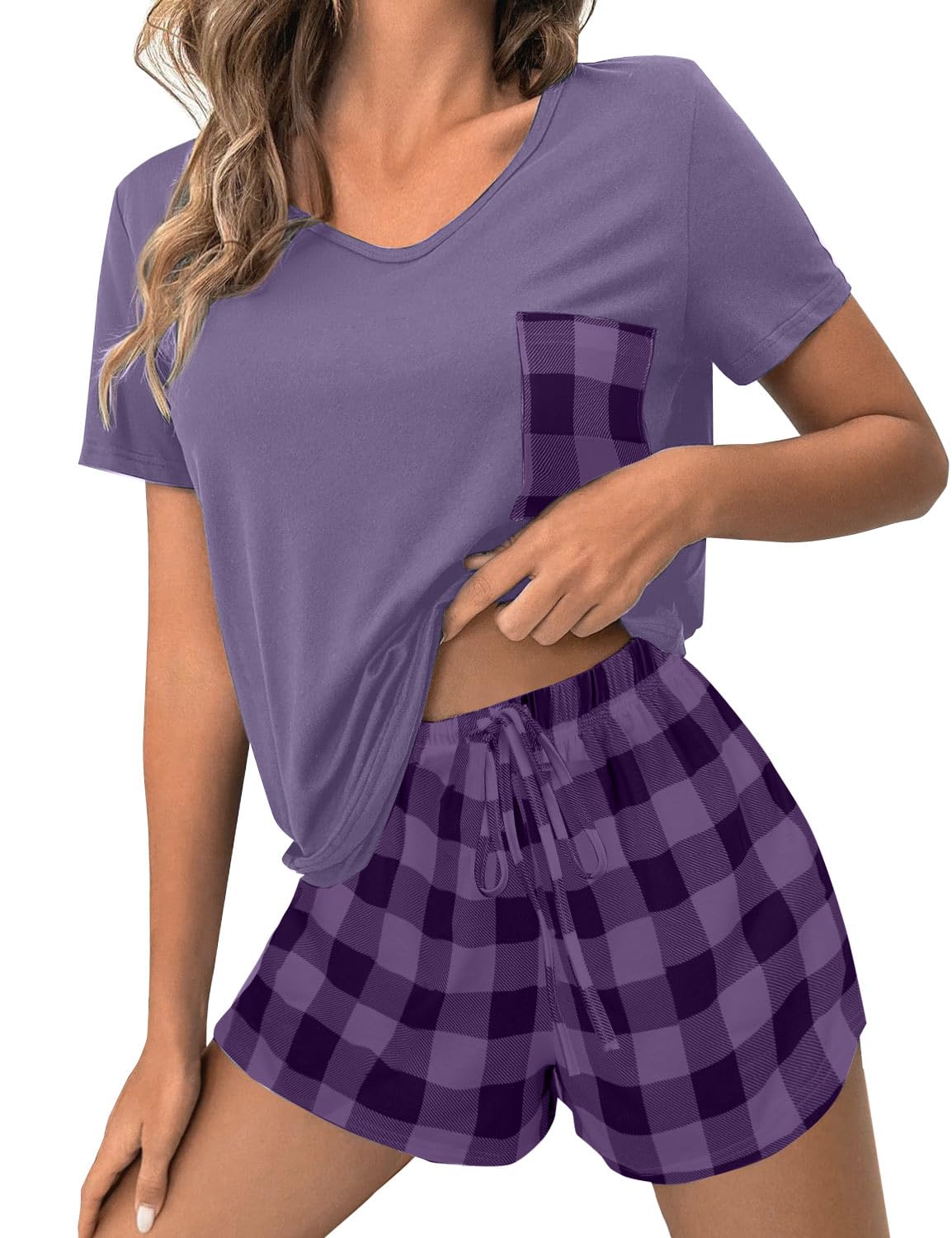 JUSTFASHIONNOW Pajamas for Women Shorts Set V Neck Casual Summer Lounge Sets Loungewear Sleepwear 2 Piece Pjs Sets