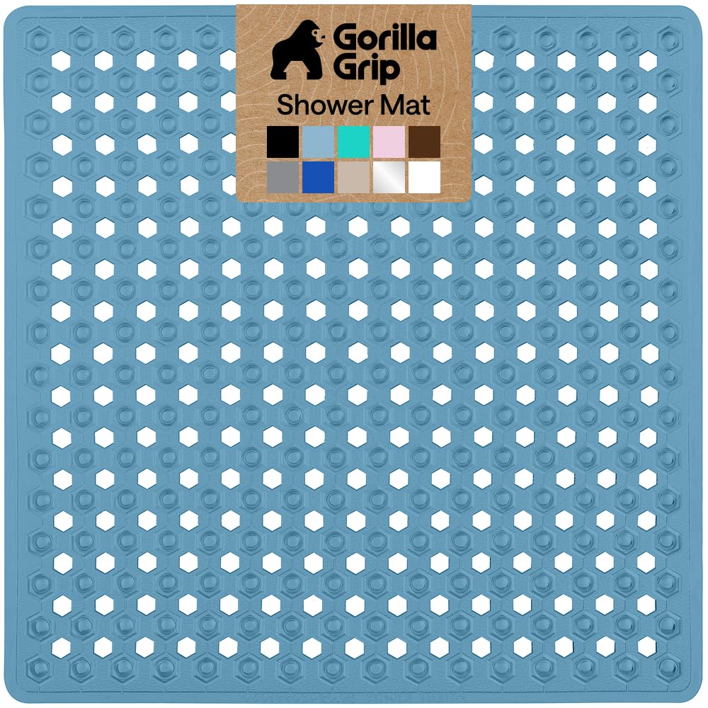 GORILLA GRIP Square Shower Stall Mat, Bathtub Floor Mat, 21x21 Sky Blue