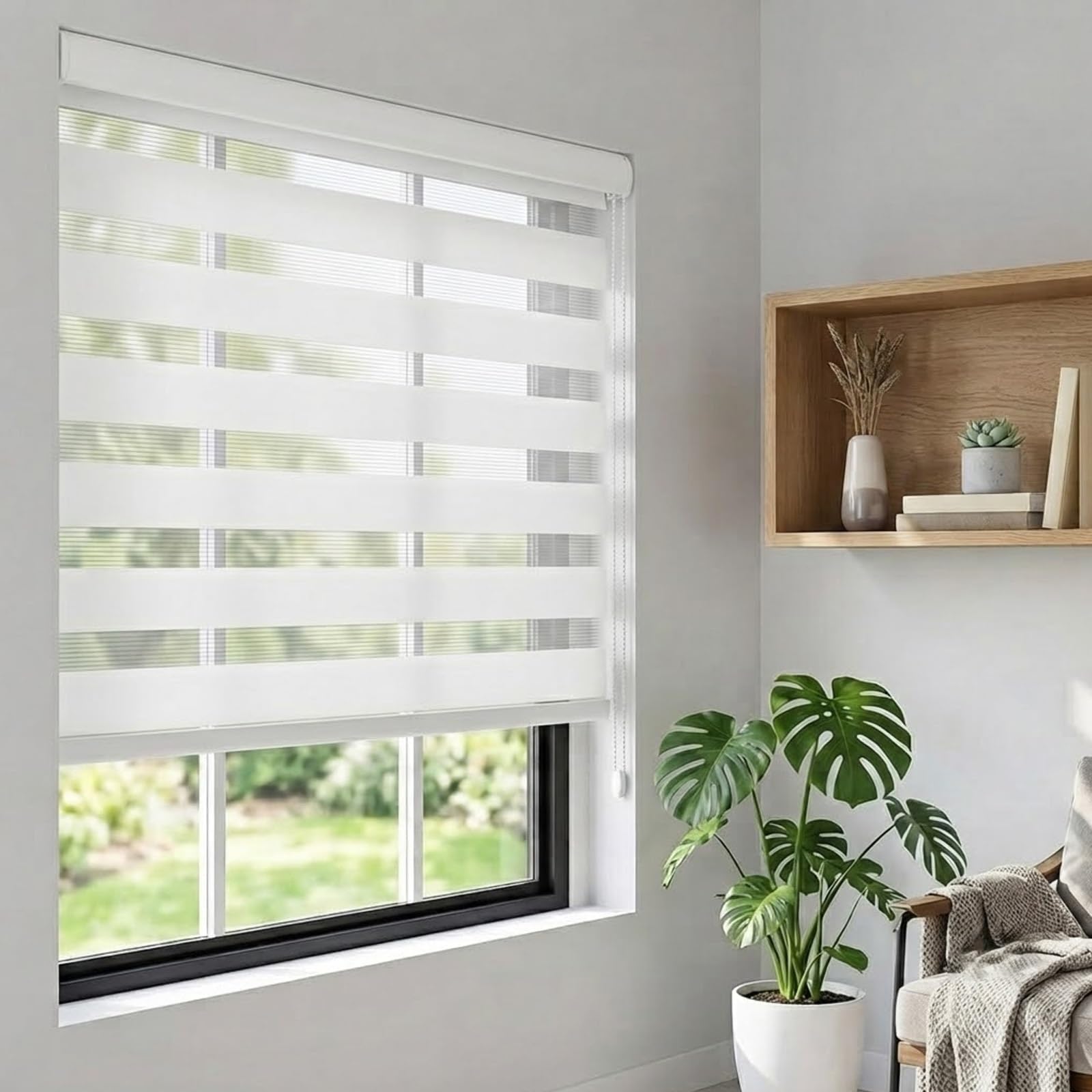 Tenda a Rullo Zebra per Interni con Catenella Laterale, 40-165cm | Tende Giorno e Notte Traslucida Doppio Tessuto, Installazione con Fori per Salotto e Casa(White,65W x 200H cm)