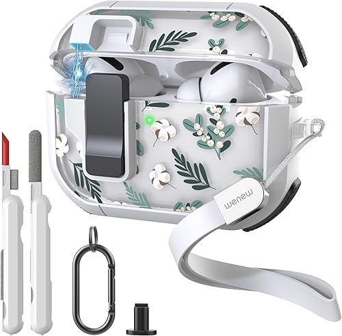 WENEW Funda para AirPods Pro & Pro 2, bloqueo seguro, interruptor automático a presión, kit de limpieza con clip, cordón para mujer, elegante hoja