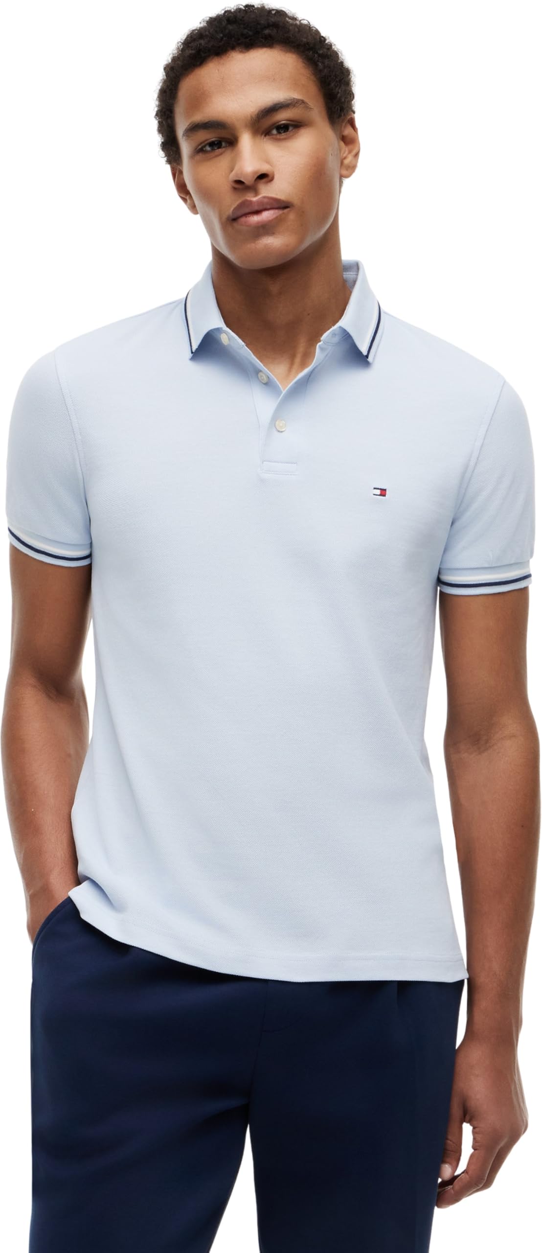 Tommy Hilfiger Men’s Short Sleeve Tipped Seasonal Slim Fit Polo Shirt, Blue (Breezy Blue), XL
