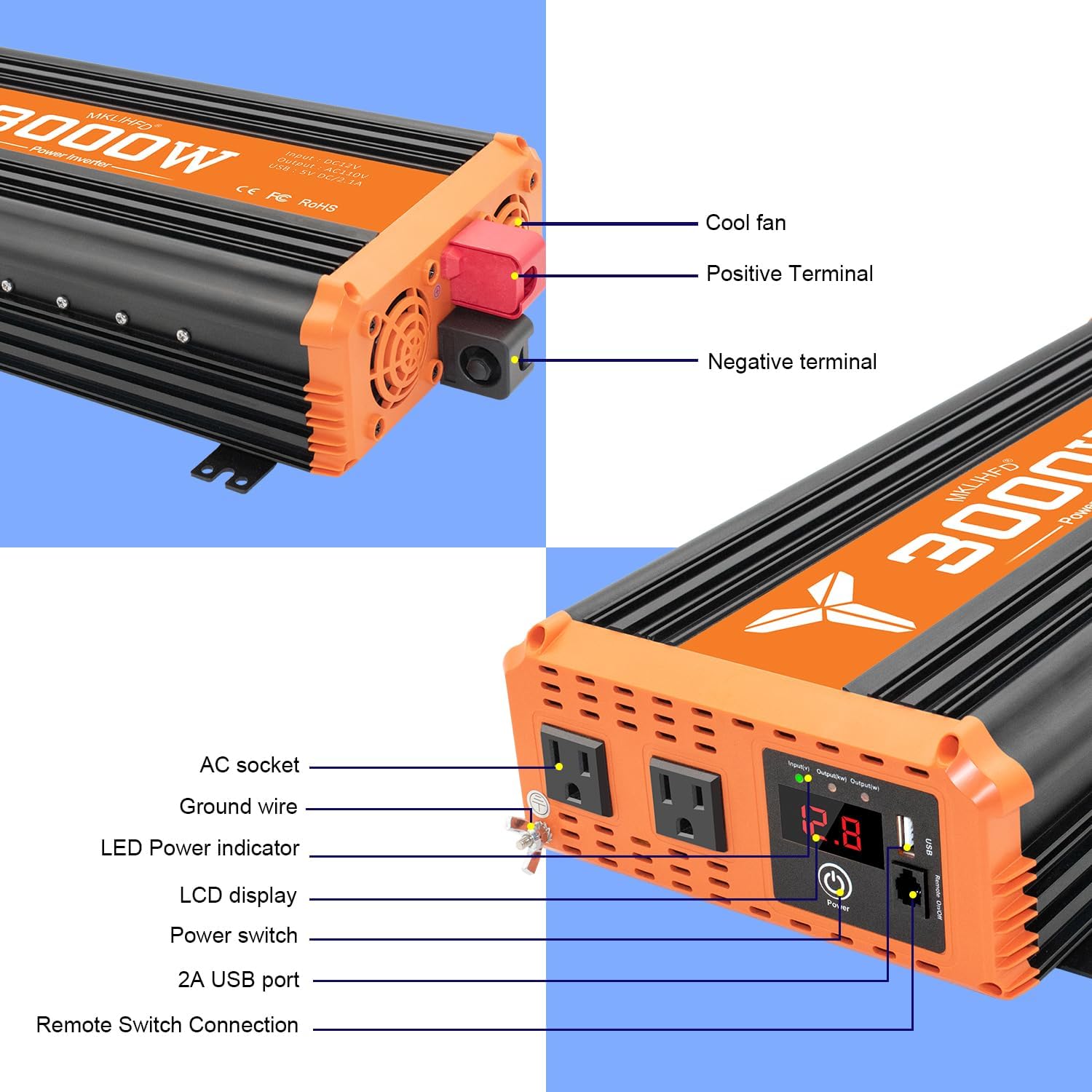 3000W Inverter 12V DC to 110V AC Converter for Home, RV, Truck, Off-Grid Solar Power Inverter with Built-in 5V/2.1A USB, AC Hardwire Port, Remote Controlle