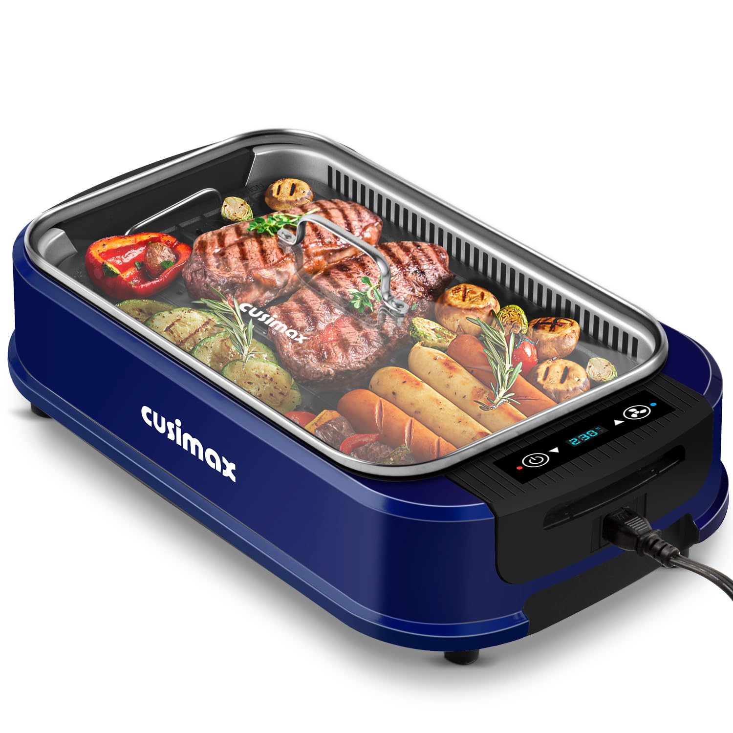 CUSIMAX Steak Grill | 1500W Tischgrill Elektrisch | BBQ-Grill für drinnen und draußen | Elektrogrill mit deckel, Touchscreen-Temperaturregelung, Ölauffangwanne und Abnehmbare Grillplatte