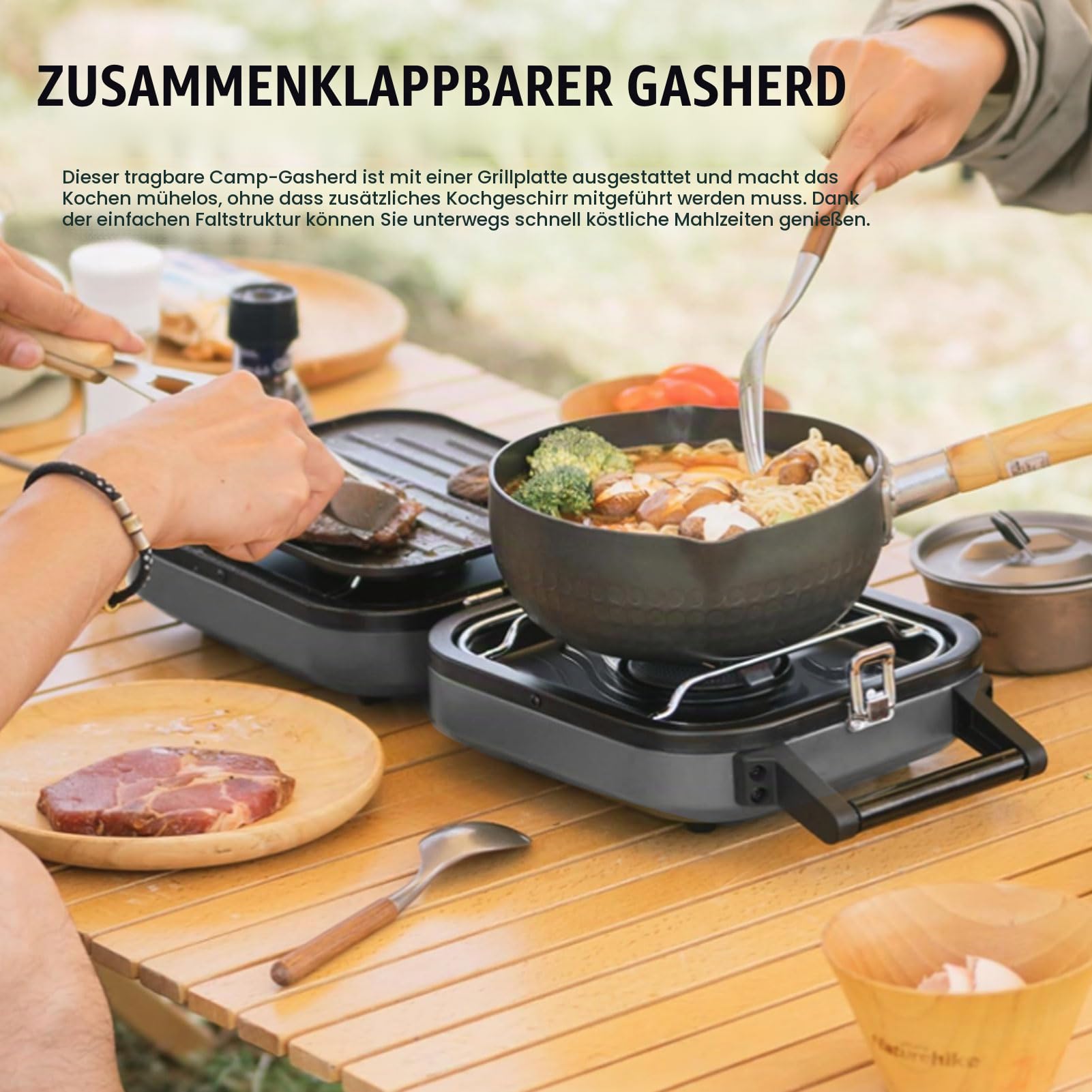 Zweiflammig Edelstahl Gasgrill, Balkon Tisch Doppelgaskocher, Camping Gaskocher mit verstellbaren Brennern und Grillpfanne, für Camping, Wandern, Reisen