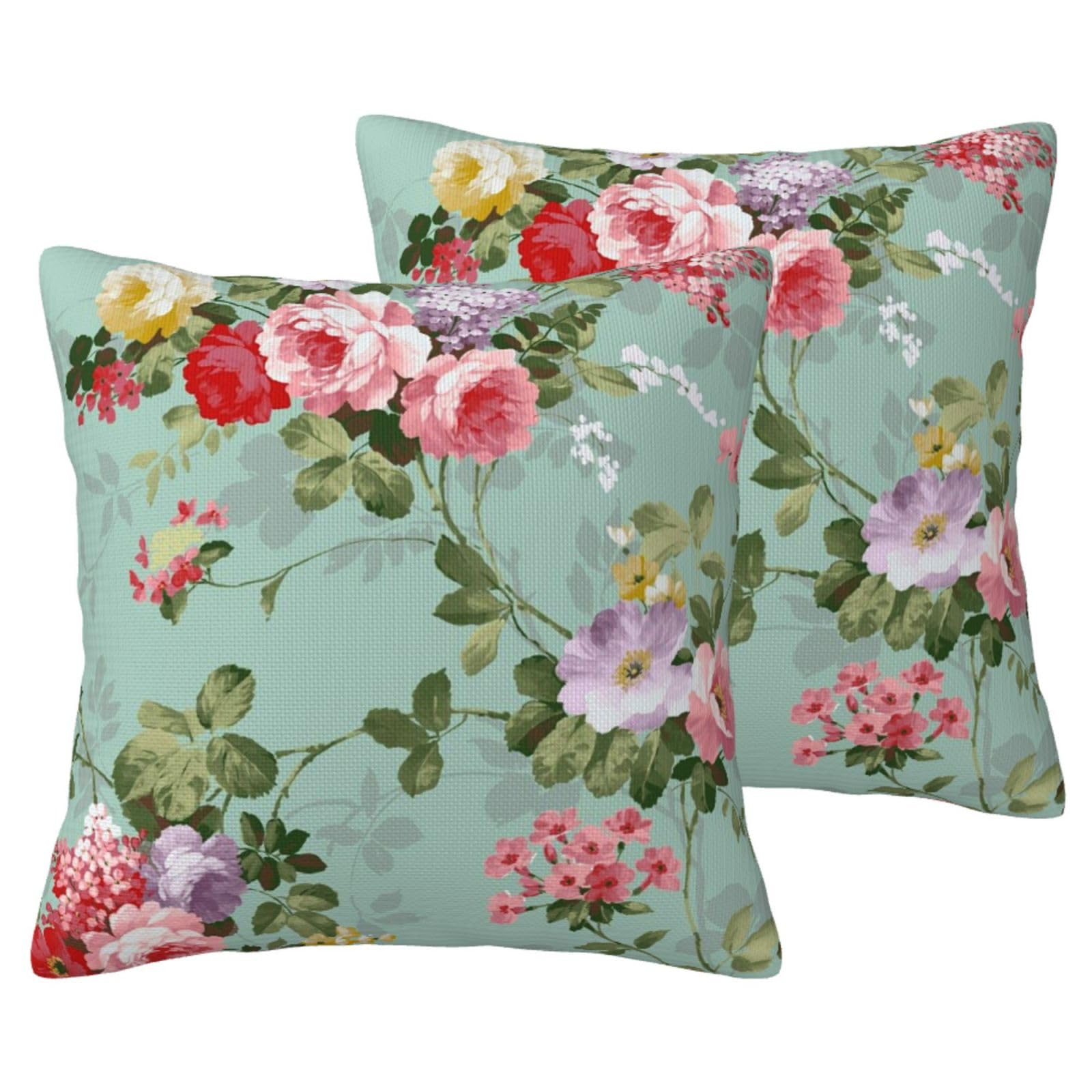 Lot de 2 housses de coussin décoratives fleurs vintage pour canapé en tissu imitation lin