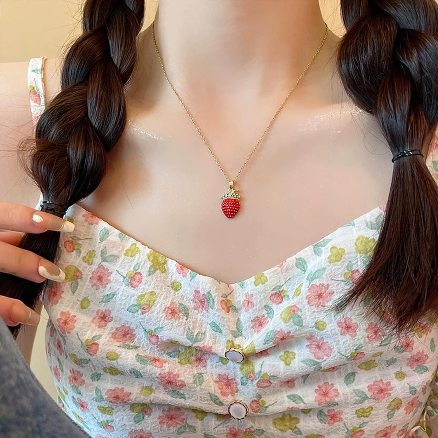 Roe Dolph Strawberry Jewelry Set Gold Enamel Red Strawberry Necklace Dangle Earrings Pearl Charm Bracelet for Women Strawberry Costume Christmas Jewelry Gifts - Image 2