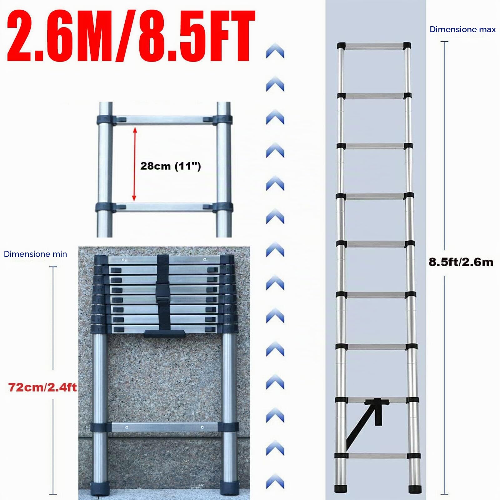 Scala telescopica da 2,6 m, antiscivolo, scaletta telescopica a 9 livelli, pieghevole, in acciaio, multifunzione, 72 cm a 2,60 m, portata massima: 150 kg