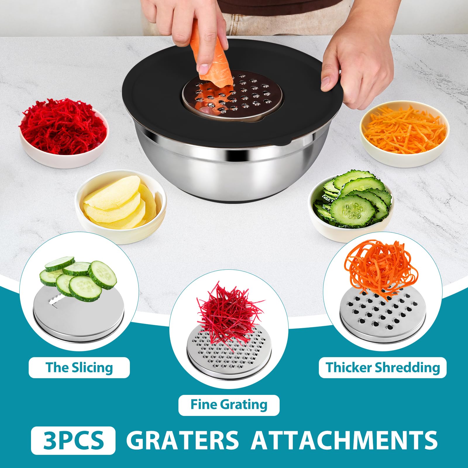 ENVTEK 20-teiliges Rührschüssel-Set mit luftdichten Deckeln - 6 Edelstahl-Schüsseln (4,5QT, 4QT, 3,5QT, 2,1QT, 1,5QT, 1,1QT), 3 Reibeaufsätze, rutschfeste Silikonböden, perfekt zum Backen & Servieren