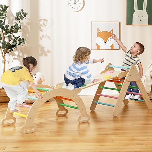 Costzon Juguetes de escalada para niños pequeños, escalera plegable Montessori de madera con rampa deslizante, métodos de combinación múltiple, arco