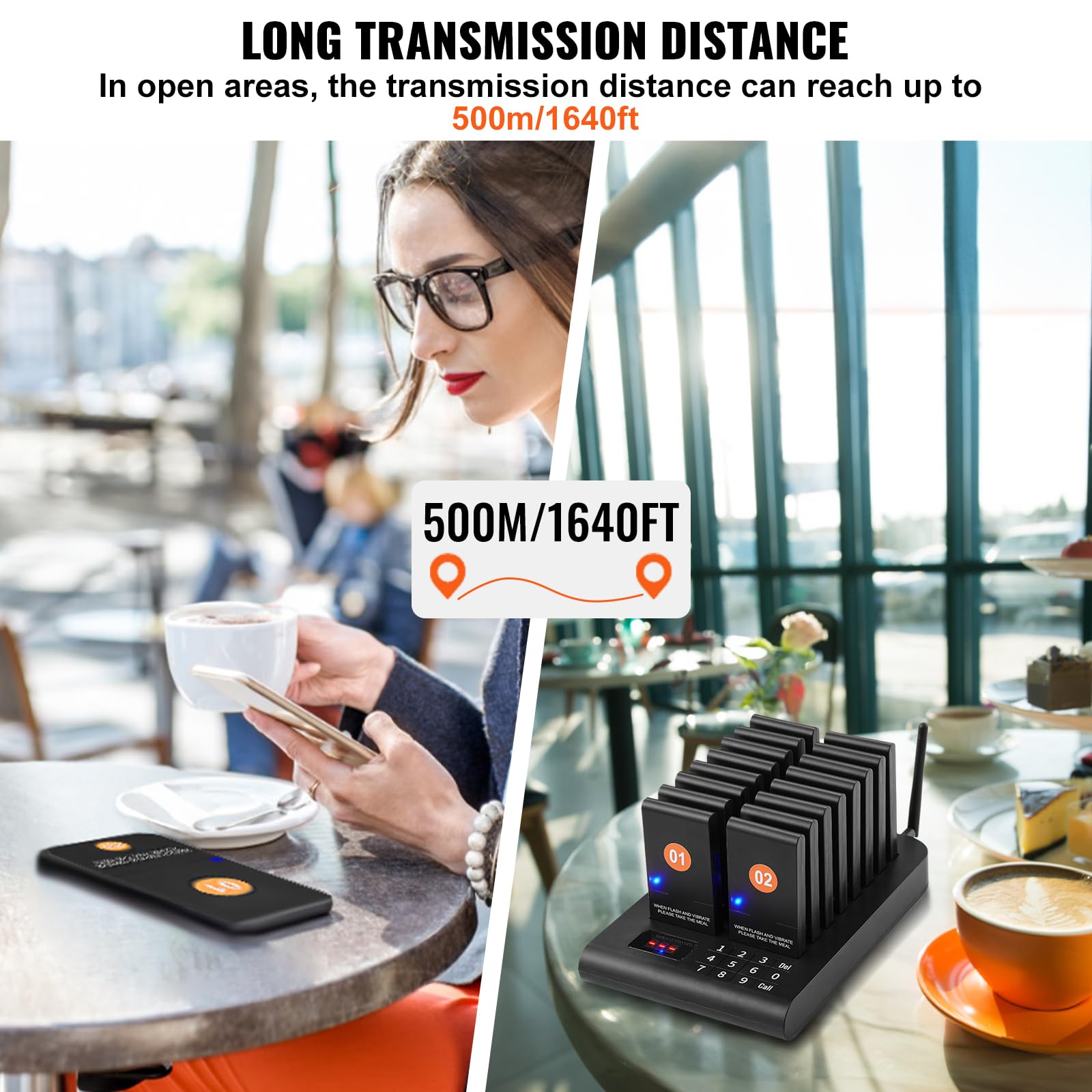 VEVOR Cercapersone per ristoranti, Segnale coda wireless con portata 500 m, Cercapersone per chiamata ospite con vibrazione e lampeggiamento, 16 cercapersone per camion di cibo, Chiesa