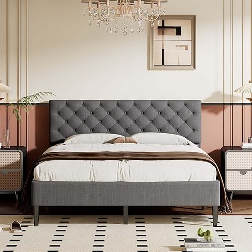 Miniatura 11 de Base de cama tapizada de lino de tamaño matrimonial con cabecera cómoda, plataforma moderna de mediados de siglo con soporte de listones de madera