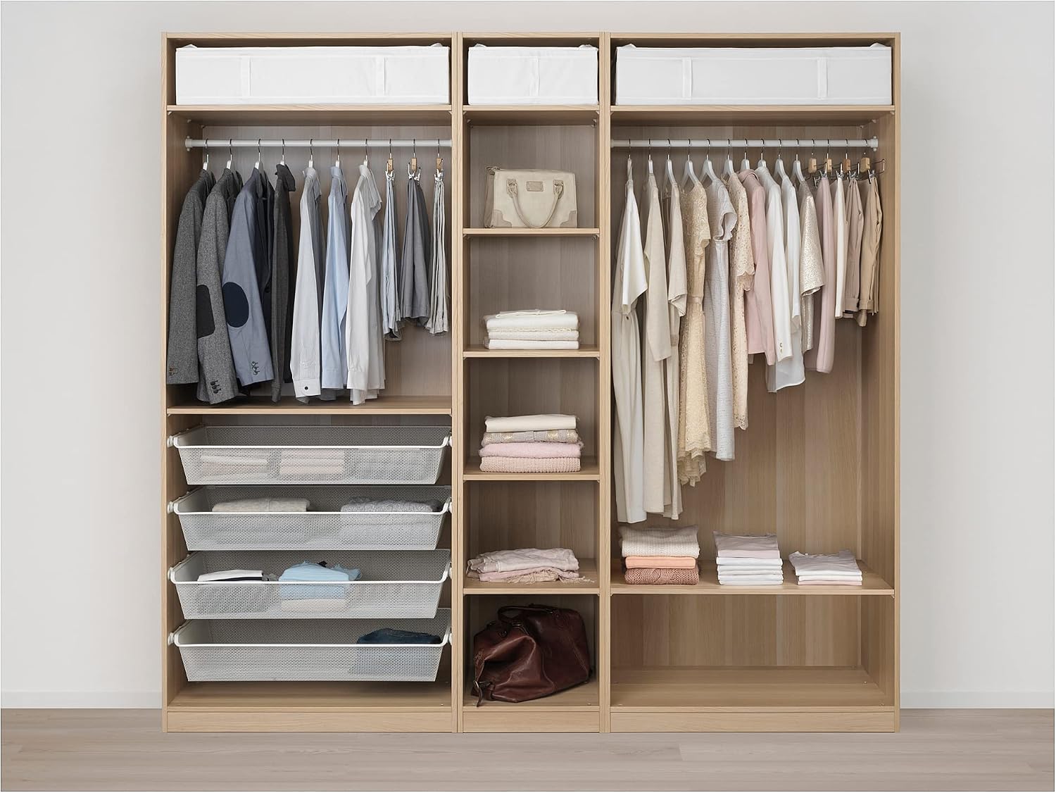 PAX/MERÅKER wardrobe, 250x60x236 cm, white stained oak effect/dark grey